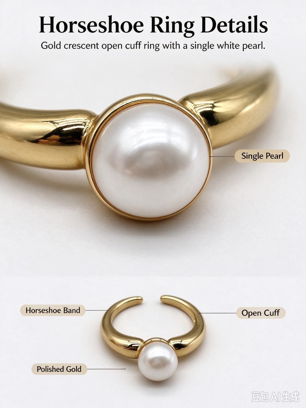 Chunky Curve Single Pearl Gold Cuff Ring