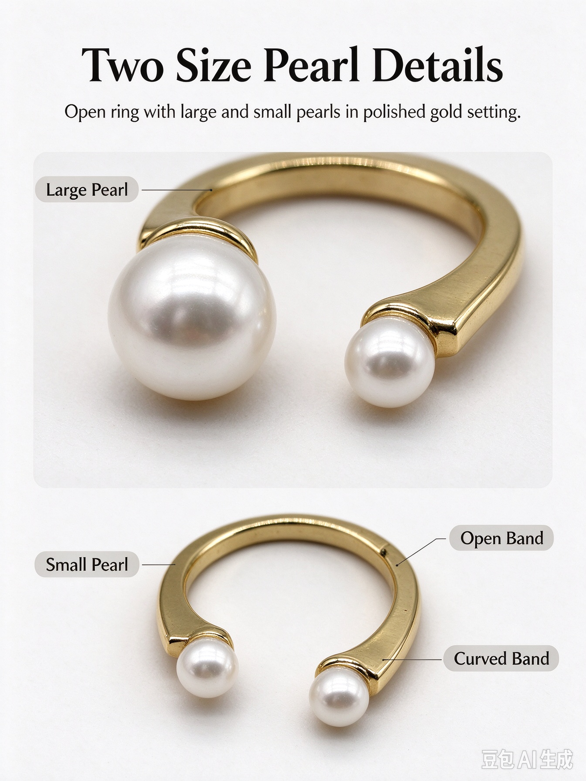 Gold Open Cuff Ring, Two Different Sized White Imitation Pearls Minimalist Adjustable Ring for Women