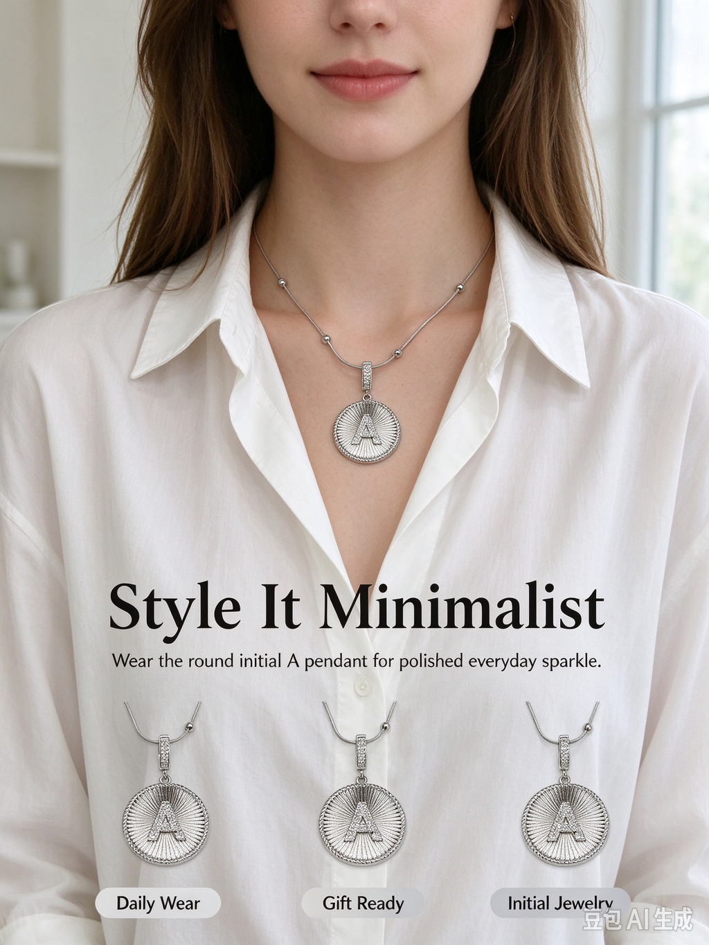 Silver Radiant Medallion CZ Necklace, Sunburst Round Coin Pendant with CZ Inlay, Beaded Silver Snake Chain