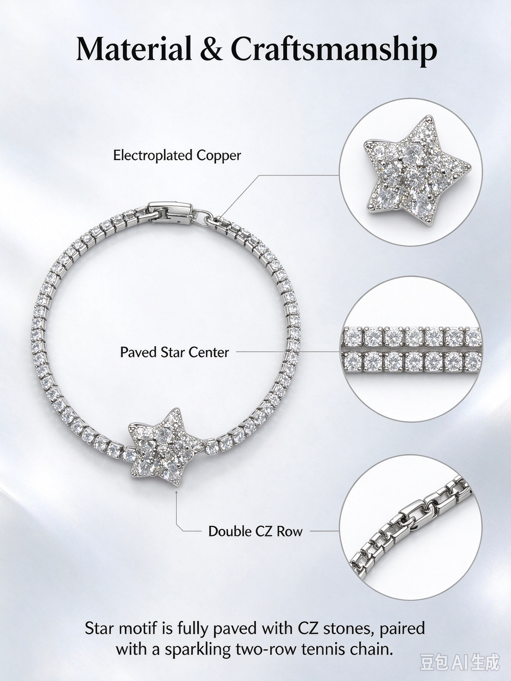 Sparkling Star Tennis Bracelet, Full Paved Cubic Zirconia Statement Bracelet
