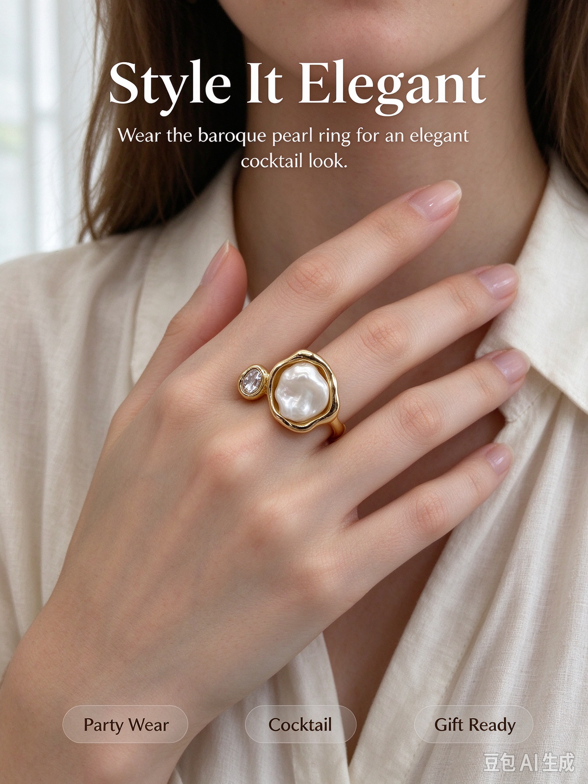 Gold Adjustable Open Ring, Baroque Faux Pearl with Crystal Statement Ring for Women