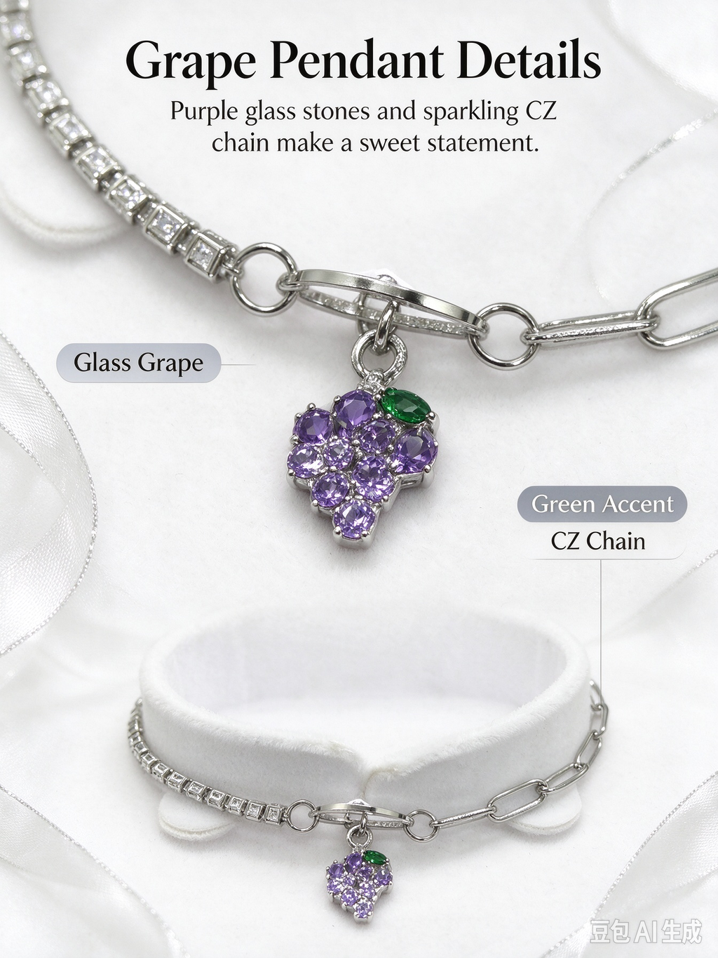 Silver Two-Style Chain Bracelet, Purple CZ Grape Charm Mixed Link Bracelet