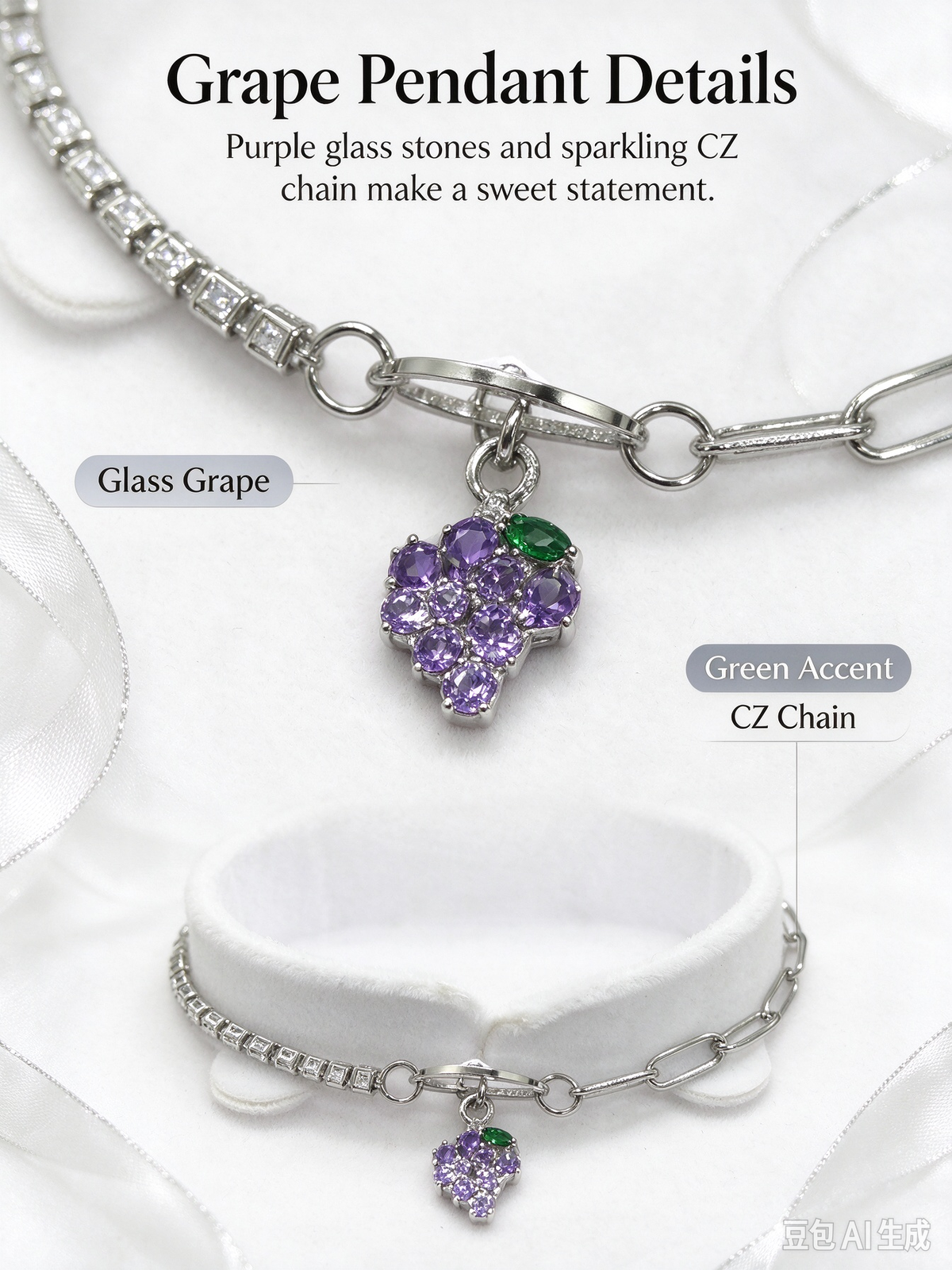 Silver Two-Style Chain Bracelet, Purple CZ Grape Charm Mixed Link Bracelet