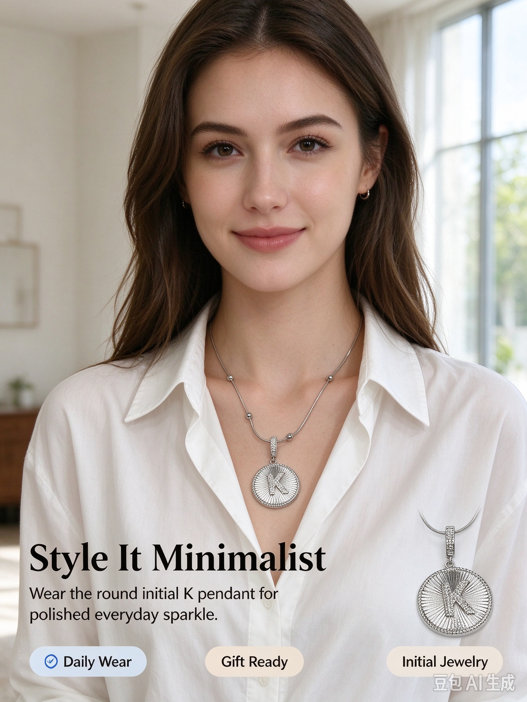 Sunburst K Initial Medallion Necklace, Silver Rhinestone Letter Pendant Snake Chain Necklace