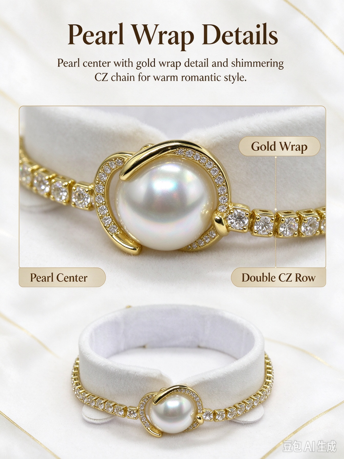 Gold Pearl & CZ Wreath Tennis Bracelet, Retro Elegant Pearl Charm Bracelet