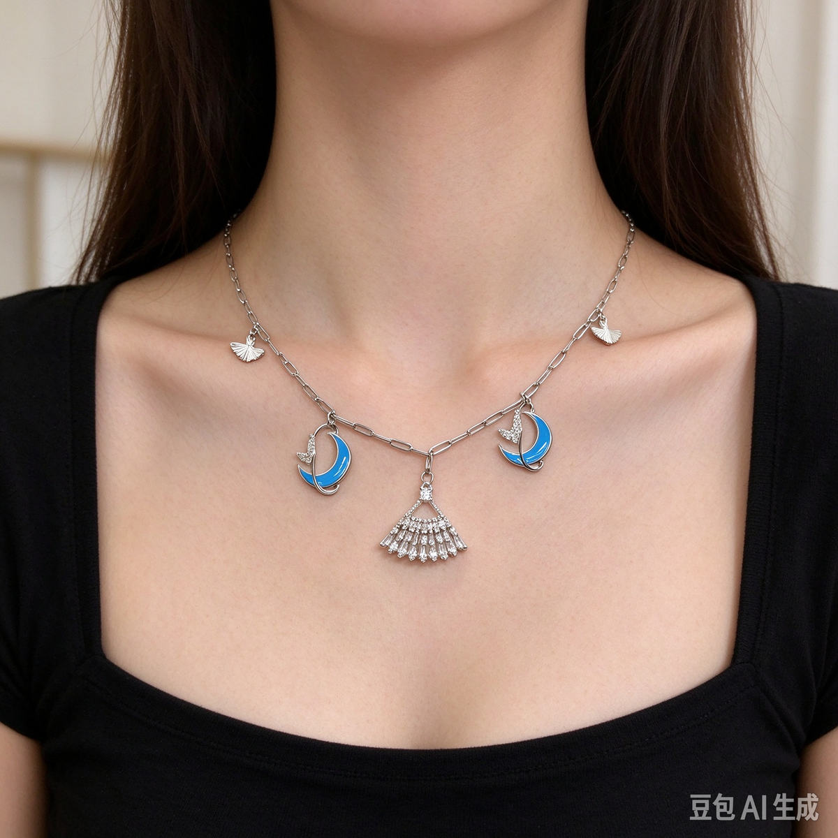 Blue Moon Fan Charm Silver Necklace, Cute Crescent Moon Pendant Necklace for Women, Boho Jewelry