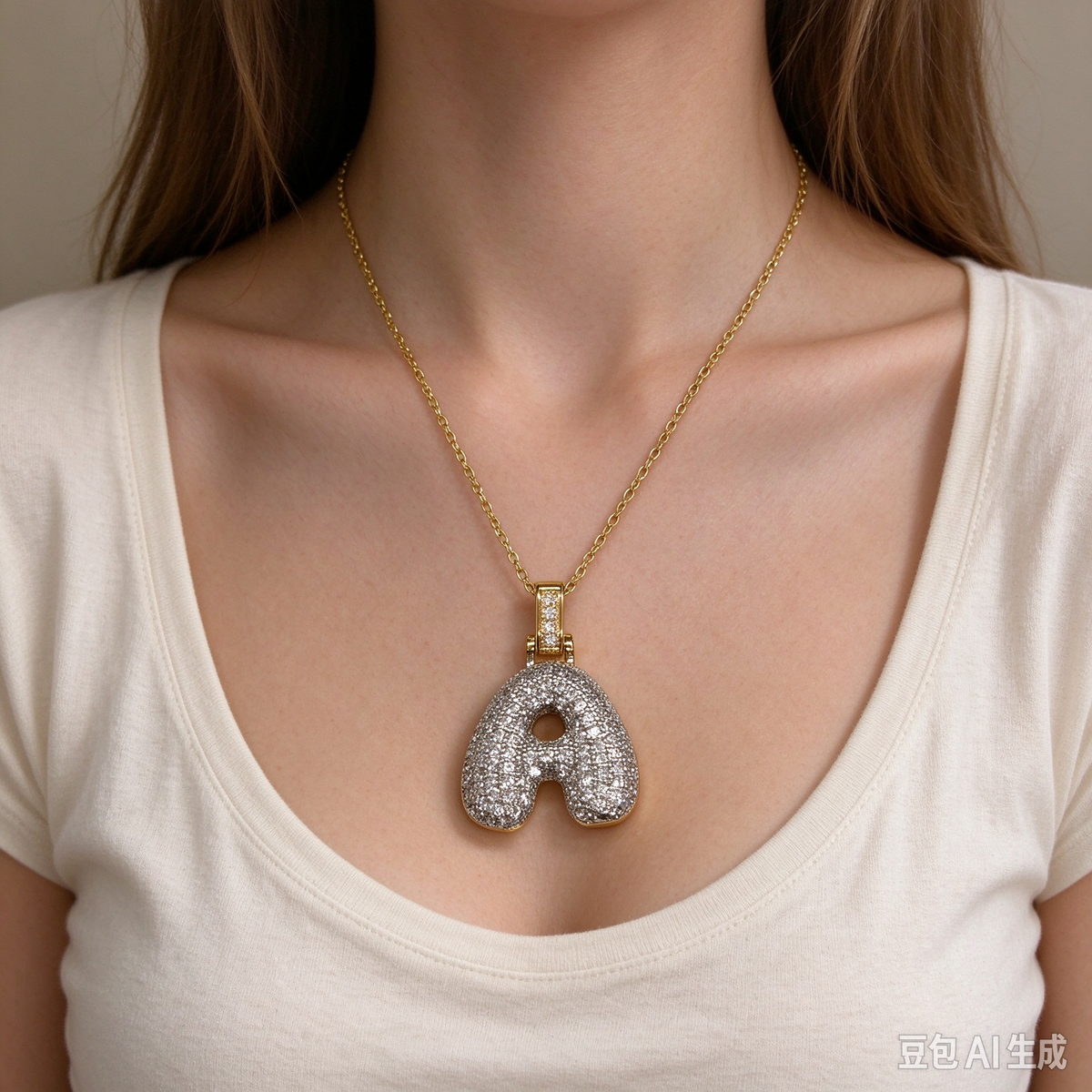 Gold Plated Bubble Letter A Necklace, Iced Out Rhinestone Initial Pendant, Personalized Letter Jewelry Gift