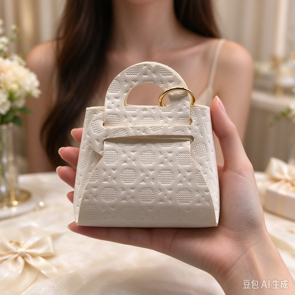Beige Press Pattern Top Handle Pouch, Elegant Mini Gift Bag with Gold-Tone Ring for Wedding Favors, Bridal Shower, Party Candy & Guest Gifts