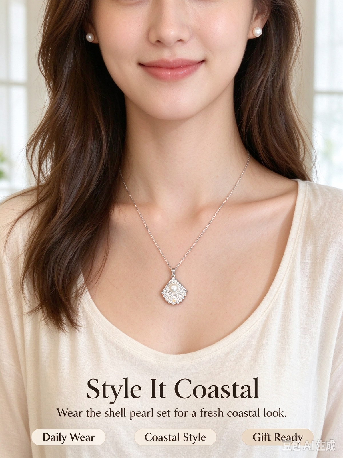 Shell Shaped Pendant Necklace & White Pearl Stud Earring Set, Silver Plated Beach Jewelry Gift Set for Women