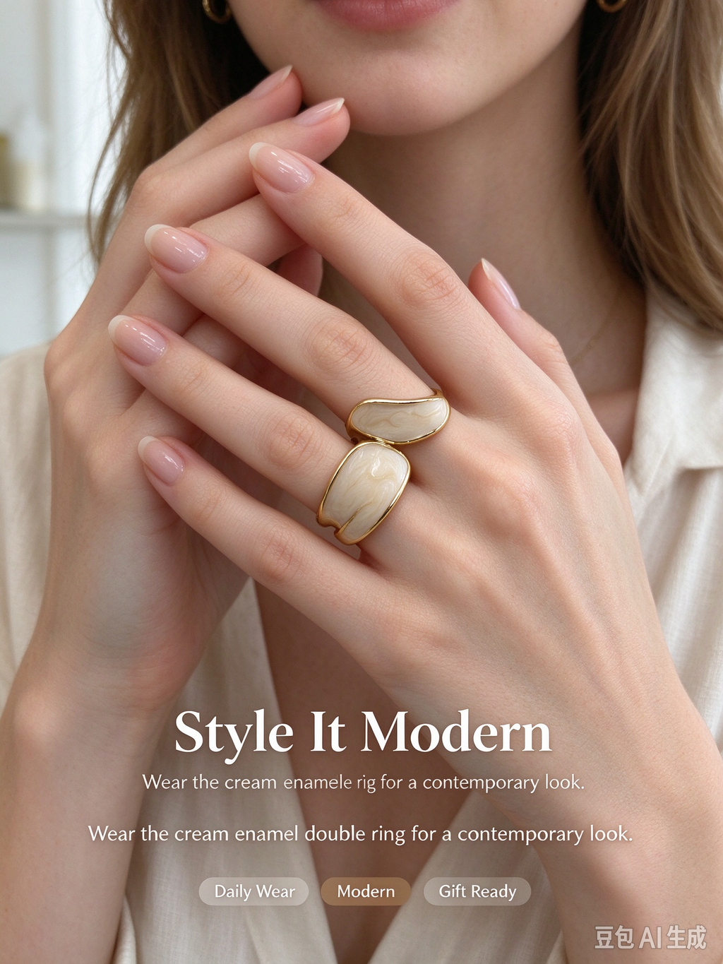 Cream Enamel Twisted Wrap Open Ring, Adjustable Stackable Statement Ring for Women