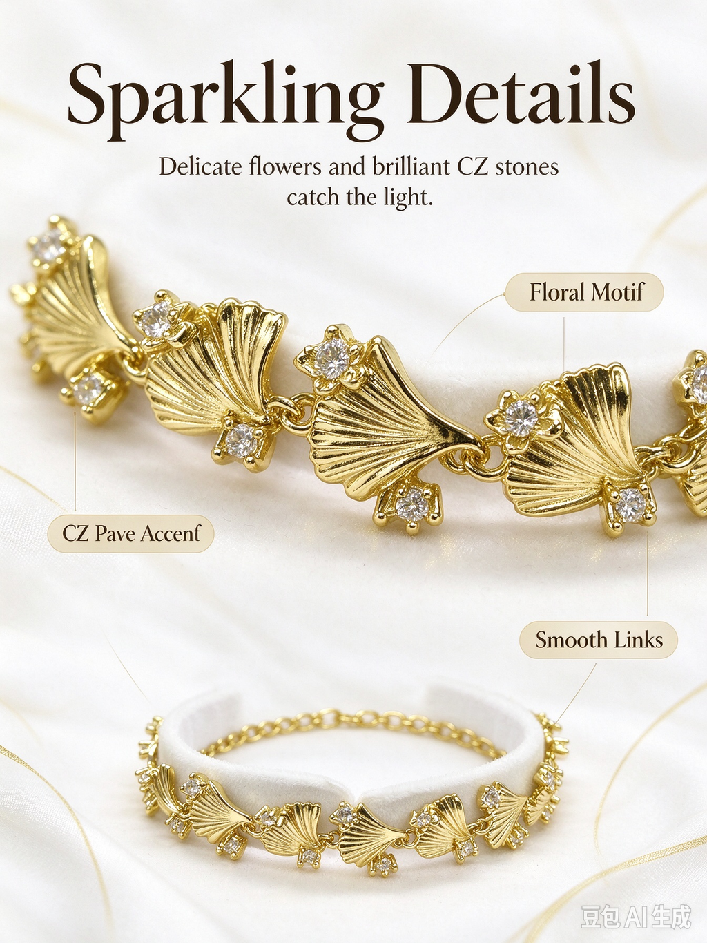Gold Shell Zircon Bracelet, Elegant Floral CZ Chain Bracelet for Women