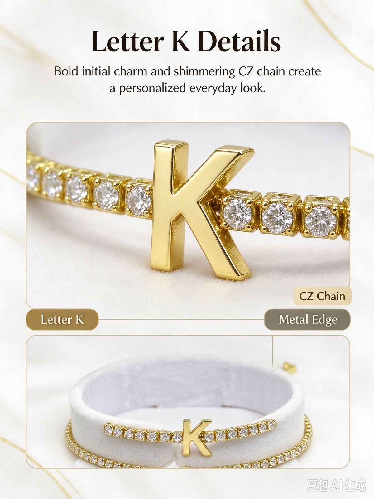 Gold Tennis Chain Initial K Bracelet, Dainty Letter K Crystal Bracelet