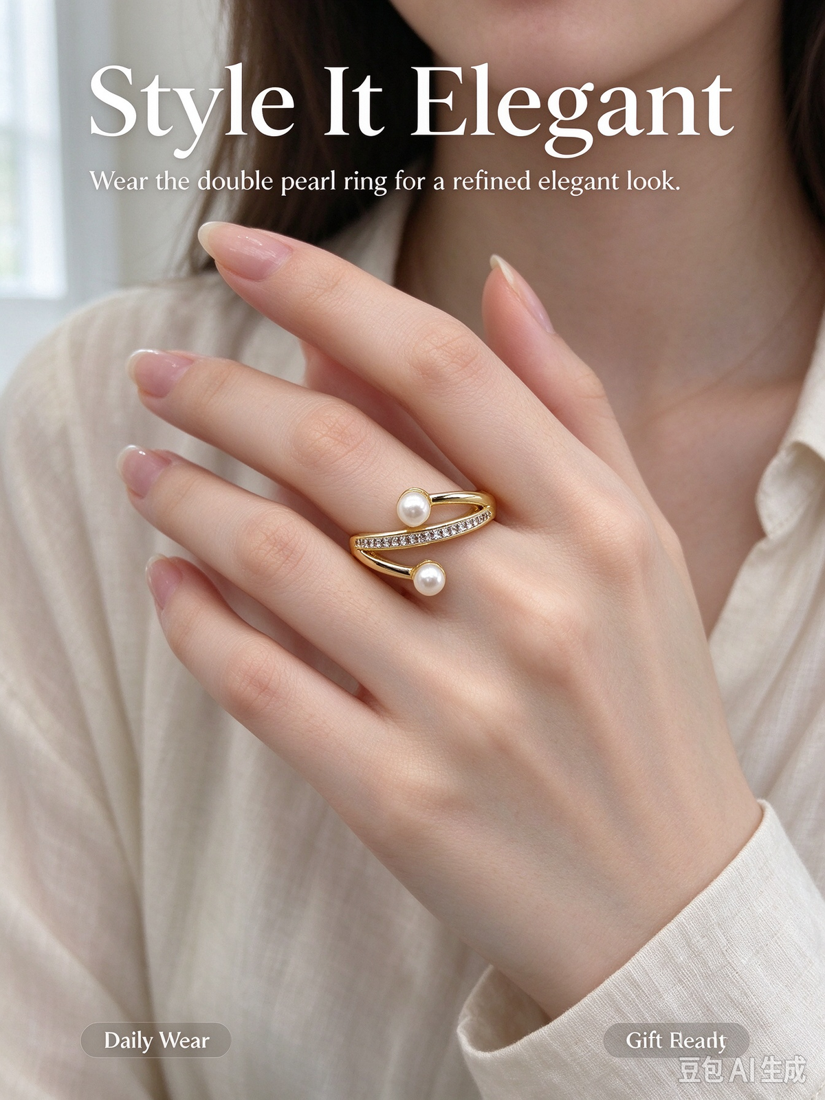 Dainty Gold Twist Adjustable Ring, Double Faux Pearl & Micro Pave CZ Stackable Open Ring for Women
