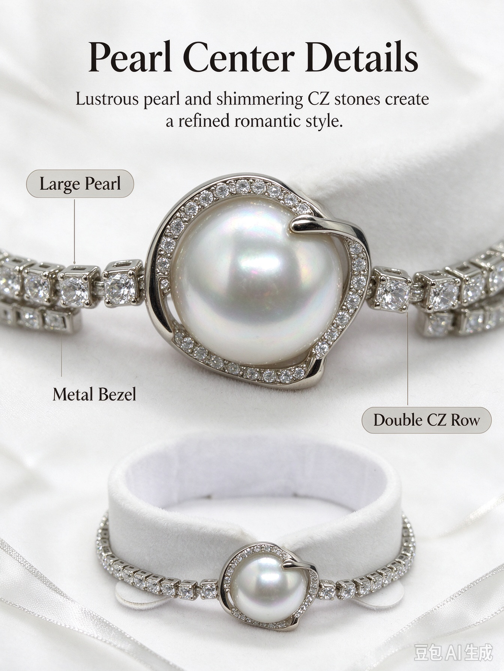 Silver Pearl & CZ Wreath Tennis Bracelet, Elegant Imitation Pearl Charm Bracelet