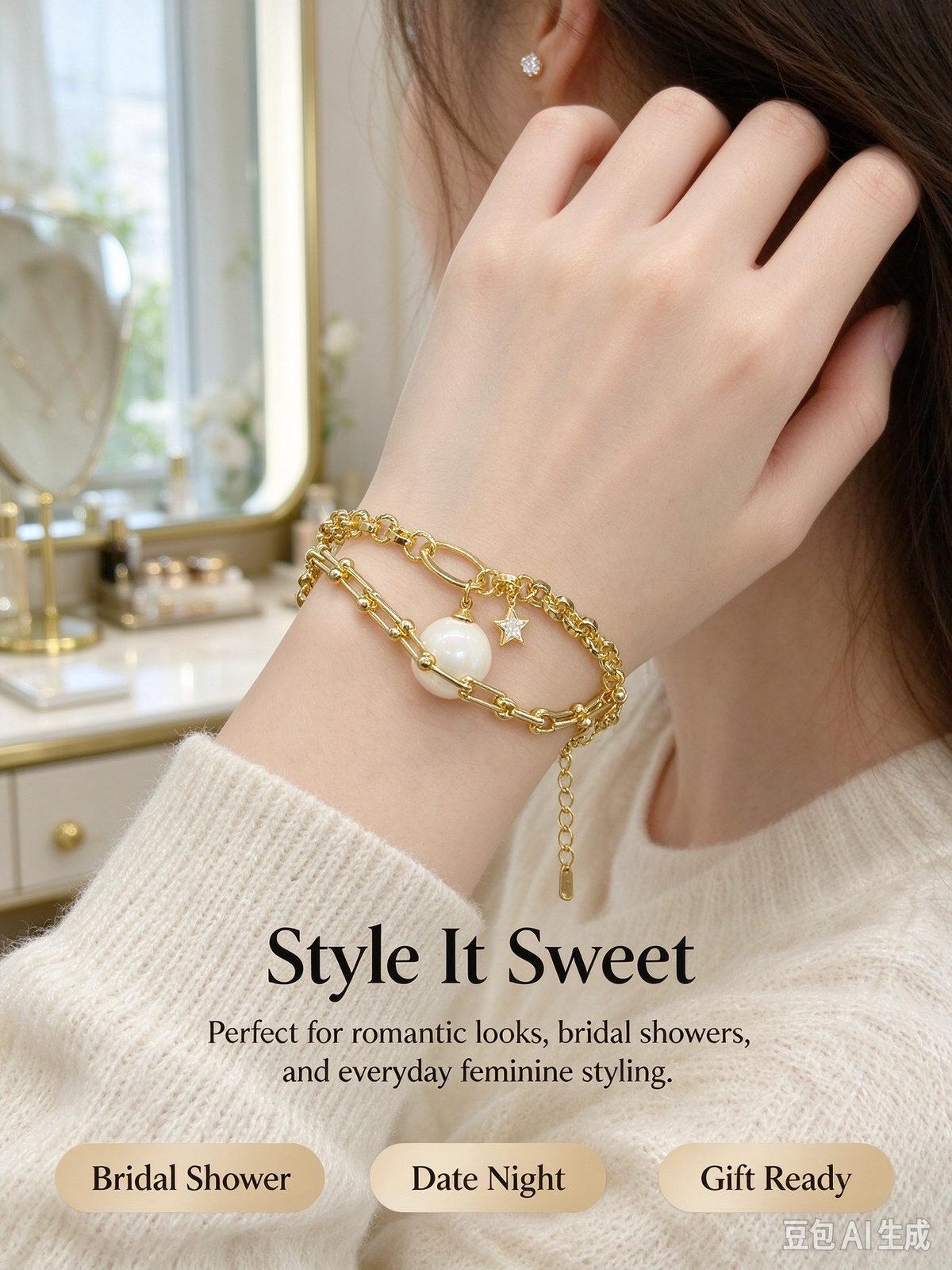 Double Layer Gold Bracelet, Large Pearl & CZ Star Charm Stacked Bracelet for Women