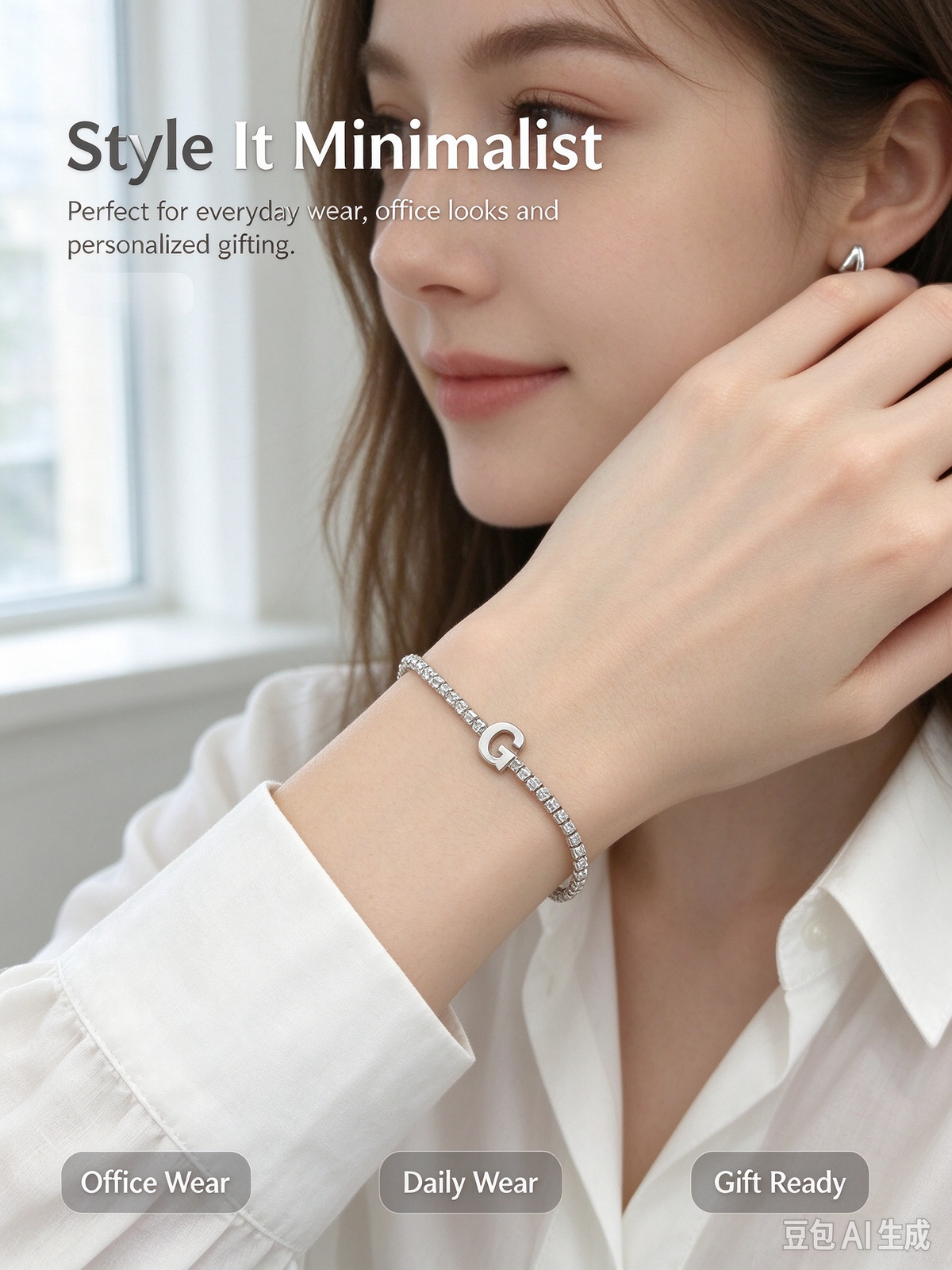 Silver Tennis Chain Initial G Bracelet, Dainty Letter G Crystal Bracelet