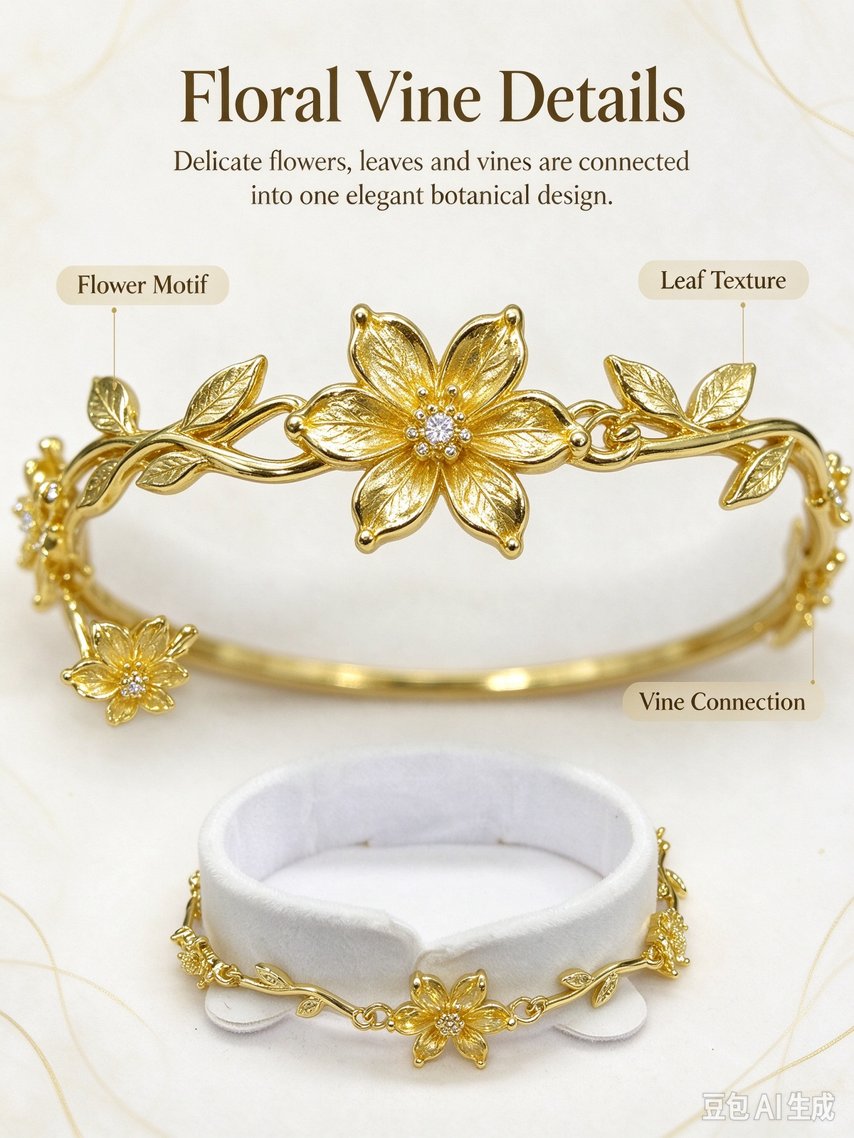 Gold Twig Flower CZ Bracelet, Nature Inspired Floral Branch Bangle for Women