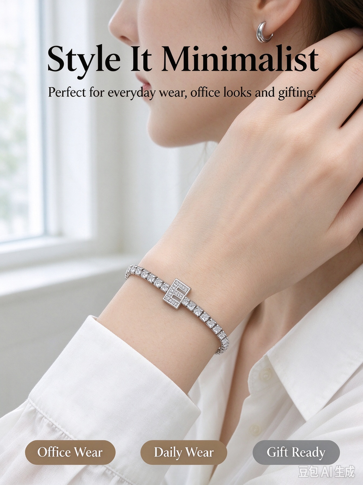 Silver Baguette CZ Tennis Bracelet, Rectangular Crystal Chain Bracelet with Letter E Charm for Women