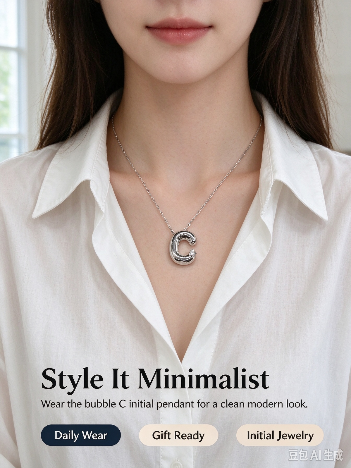 Silver Bubble Letter C Initial Necklace, 3D Puffy Alphabet Pendant with CZ Crystal, Lip Chain Collarbone Necklace for Women