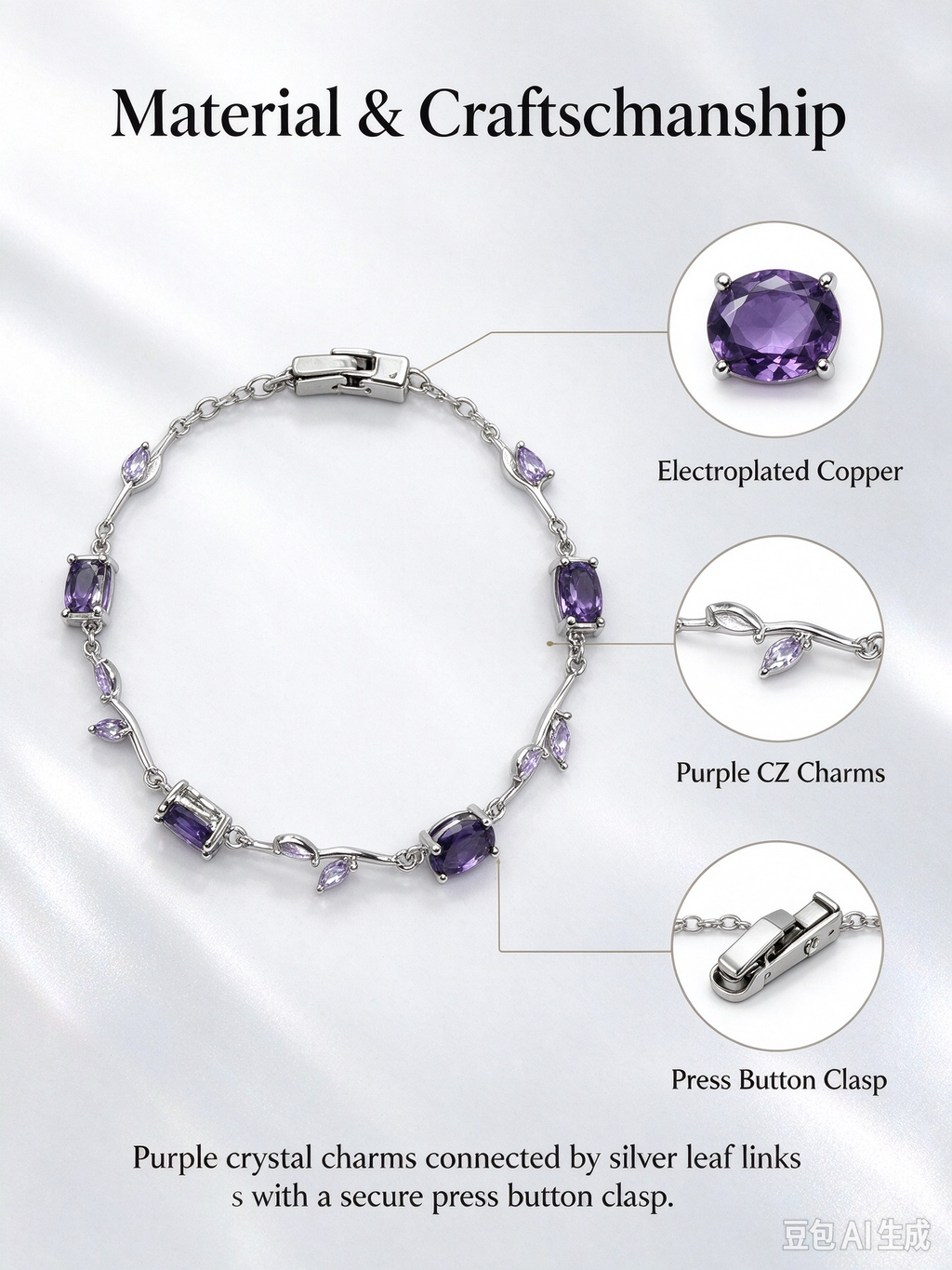 Purple CZ Leaf Chain Bracelet, Silver Botanical Bracelet with Purple Charms