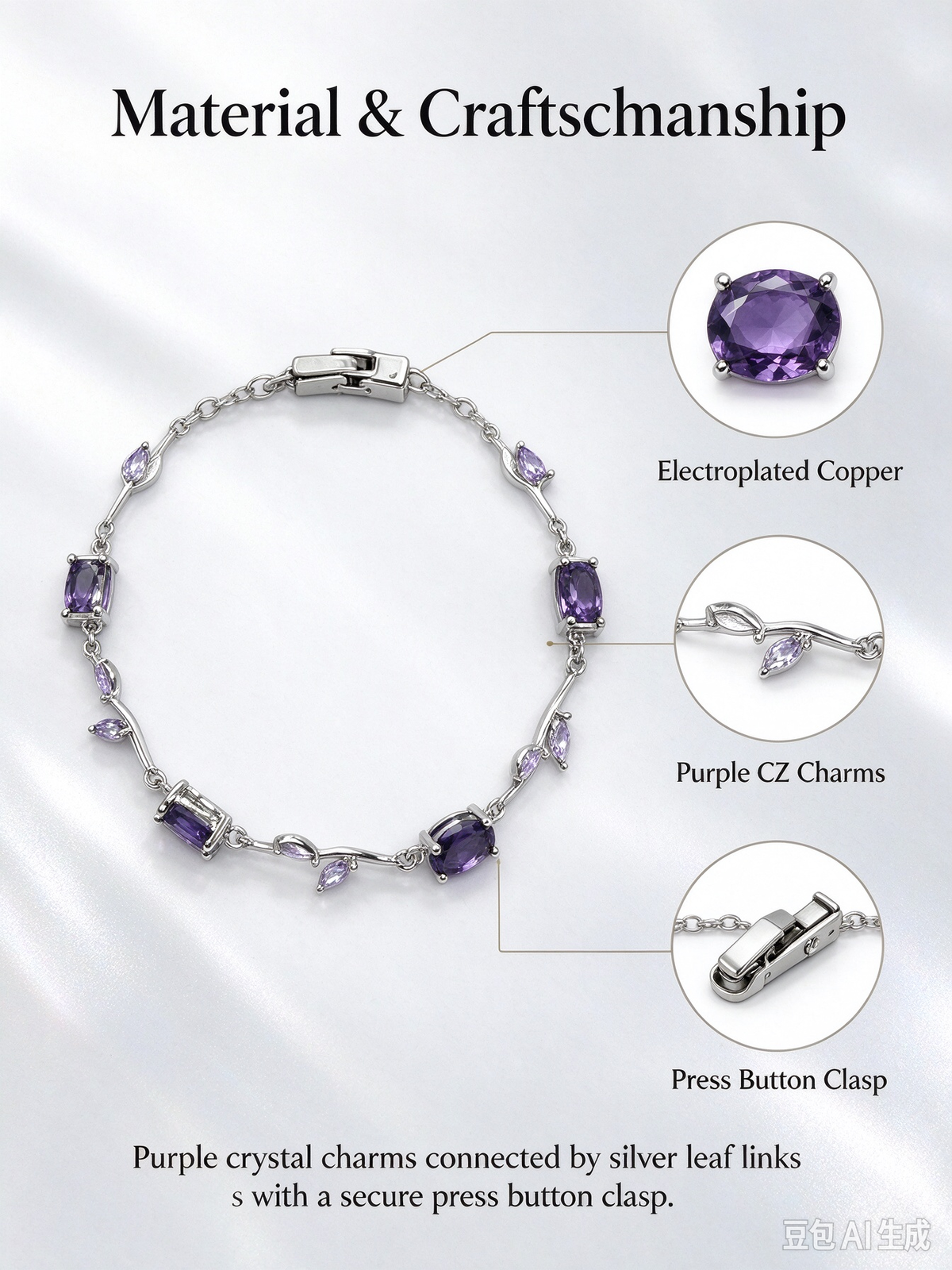 Purple CZ Leaf Chain Bracelet, Silver Botanical Bracelet with Purple Charms