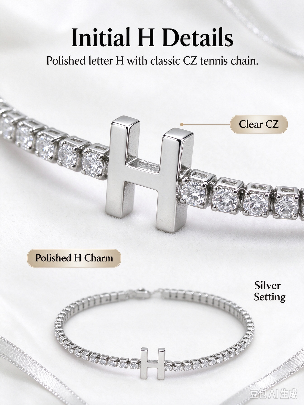 Silver Tennis Chain Initial H Bracelet, Dainty Letter H Crystal Bracelet