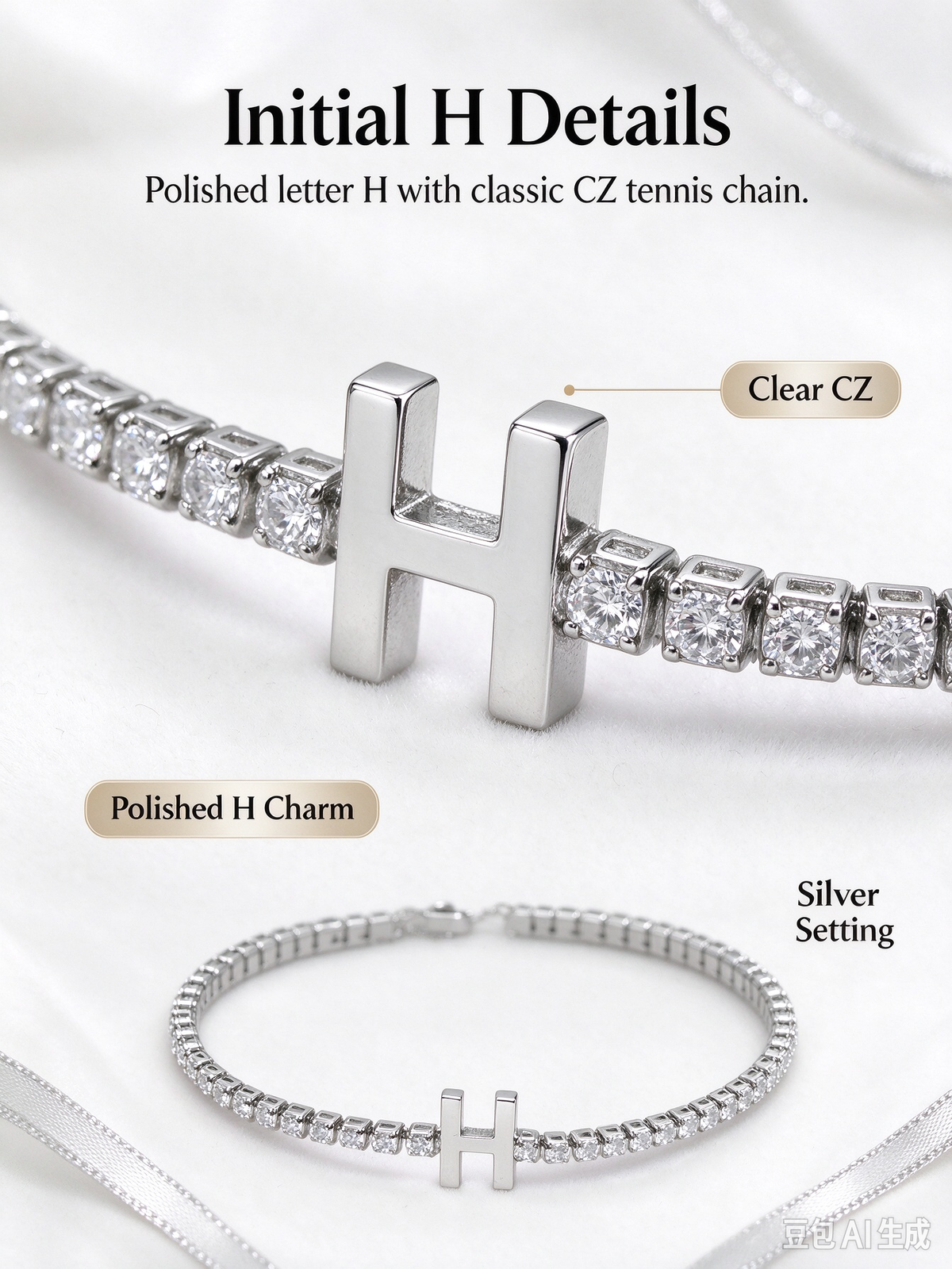 Silver Tennis Chain Initial H Bracelet, Dainty Letter H Crystal Bracelet