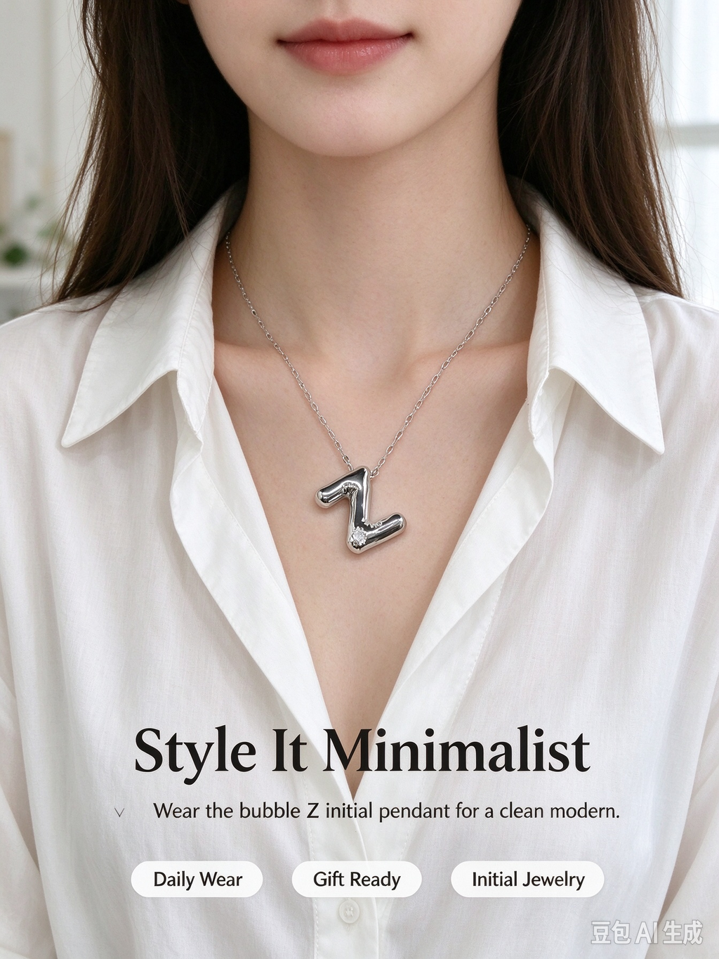 Silver Bubble Letter Z Initial Necklace, 3D Chunky Puffy Alphabet Pendant with CZ Crystal, Lip Chain Collarbone Necklace for Women