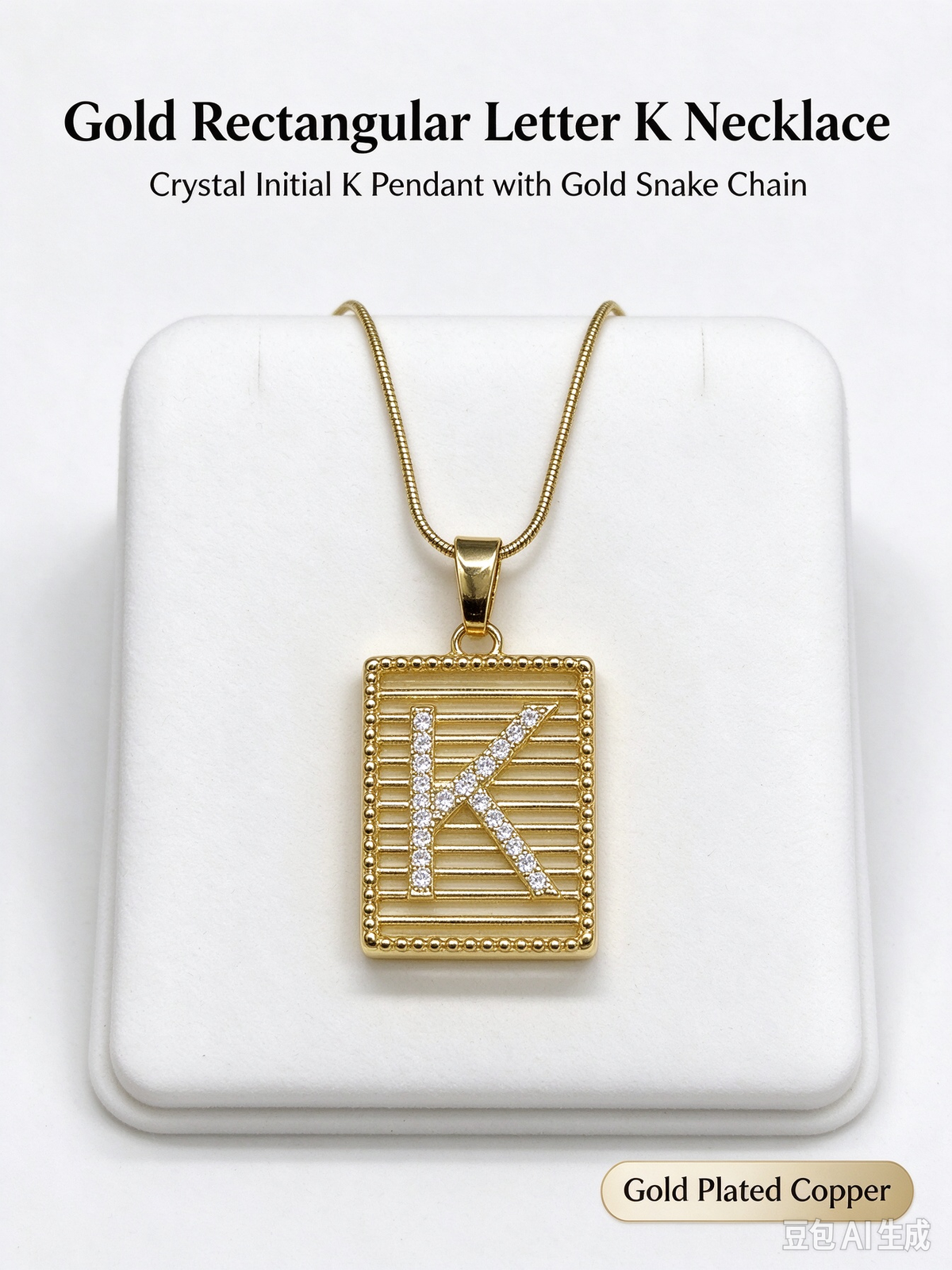 Gold Square Frame Initial K Necklace, Rhinestone Letter Pendant Snake Chain Necklace for Women, Personalized Custom Letter Jewelry Gift