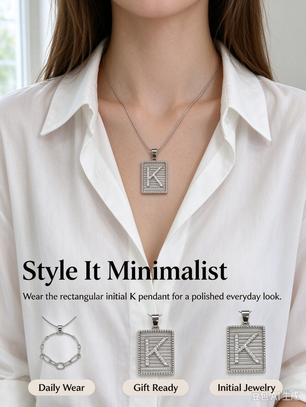 Square Striped K Initial Necklace, Silver Rhinestone Letter Pendant Snake Chain Necklace
