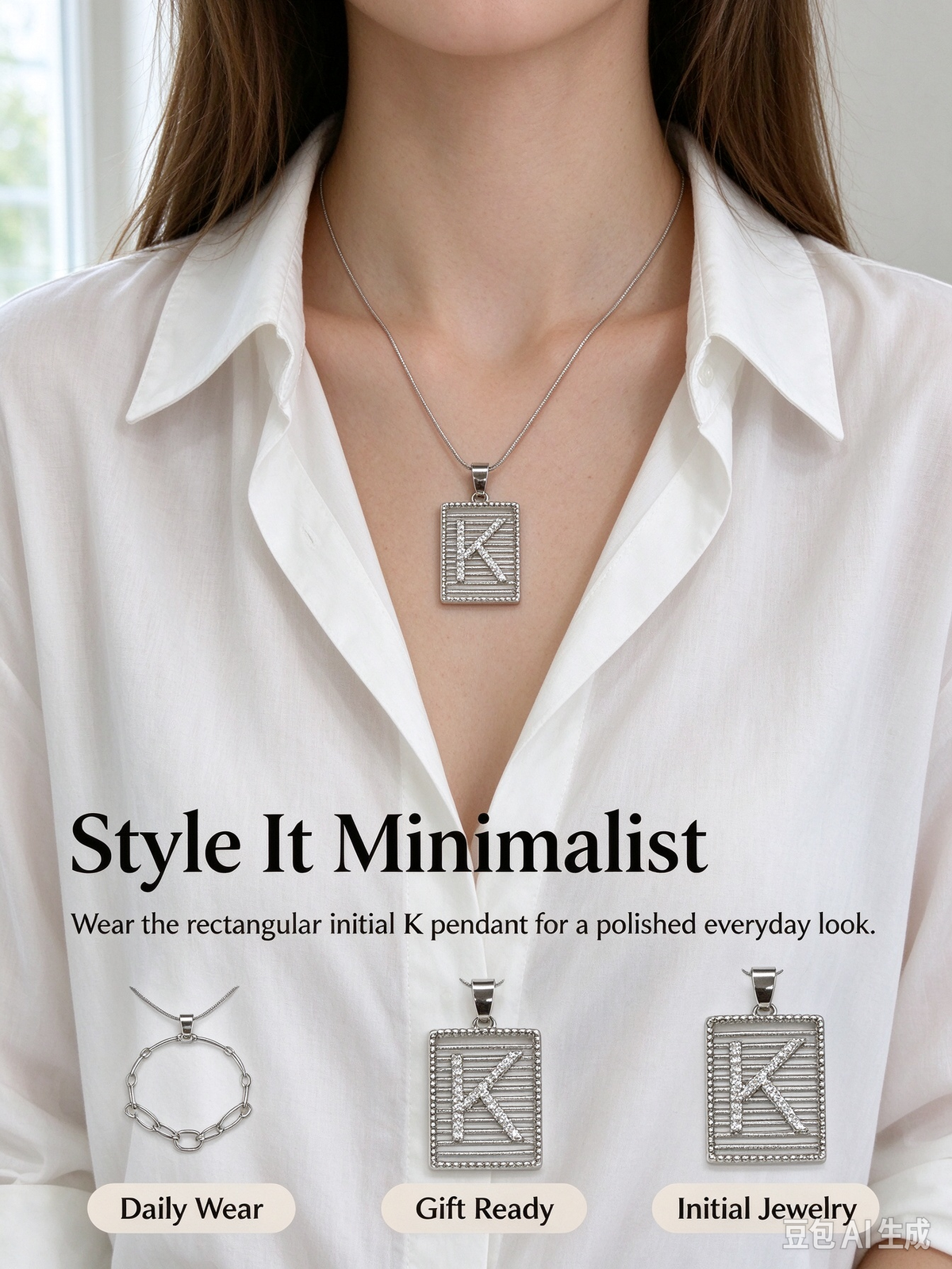 Square Striped K Initial Necklace, Silver Rhinestone Letter Pendant Snake Chain Necklace