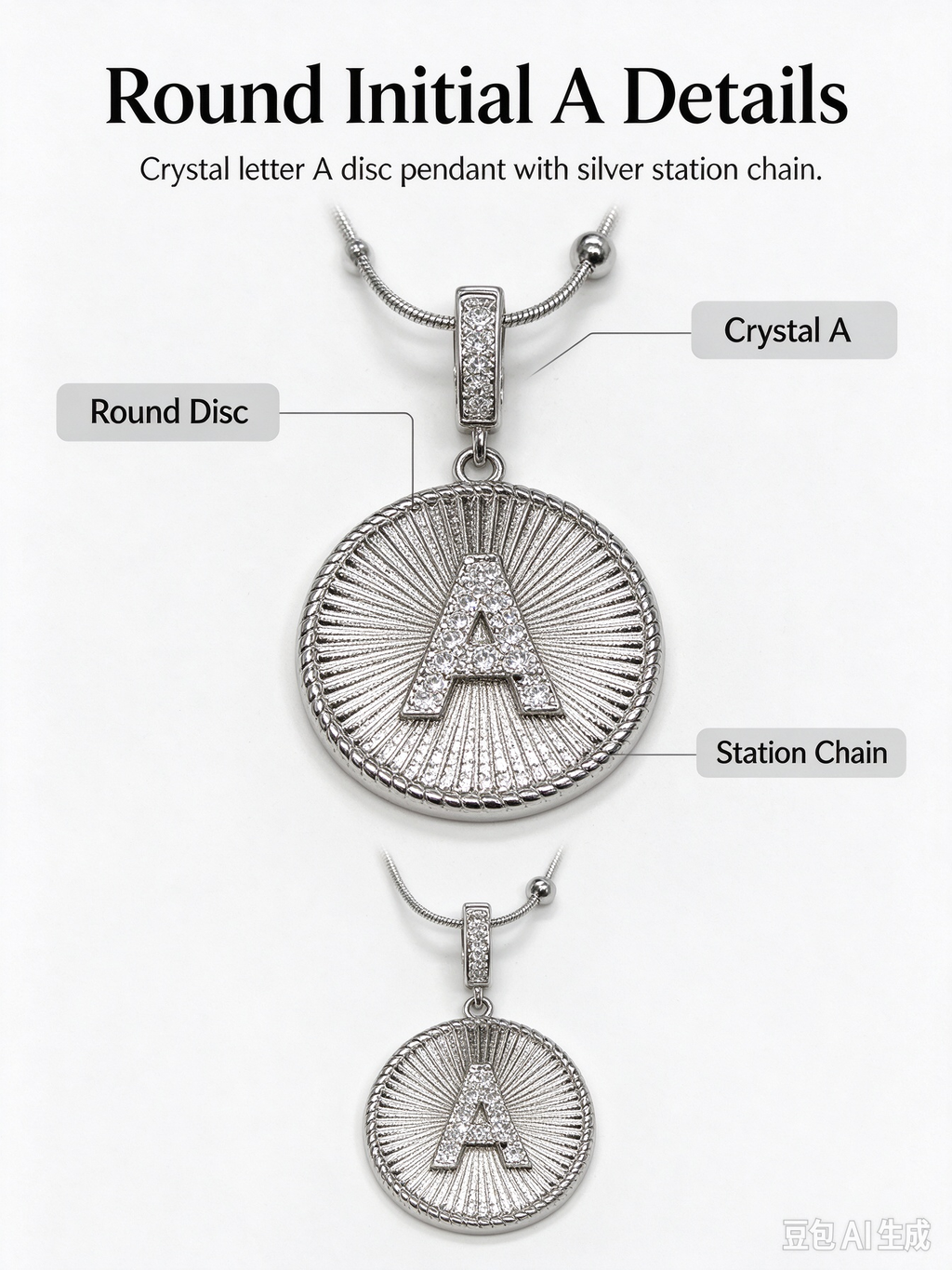 Silver Radiant Medallion CZ Necklace, Sunburst Round Coin Pendant with CZ Inlay, Beaded Silver Snake Chain