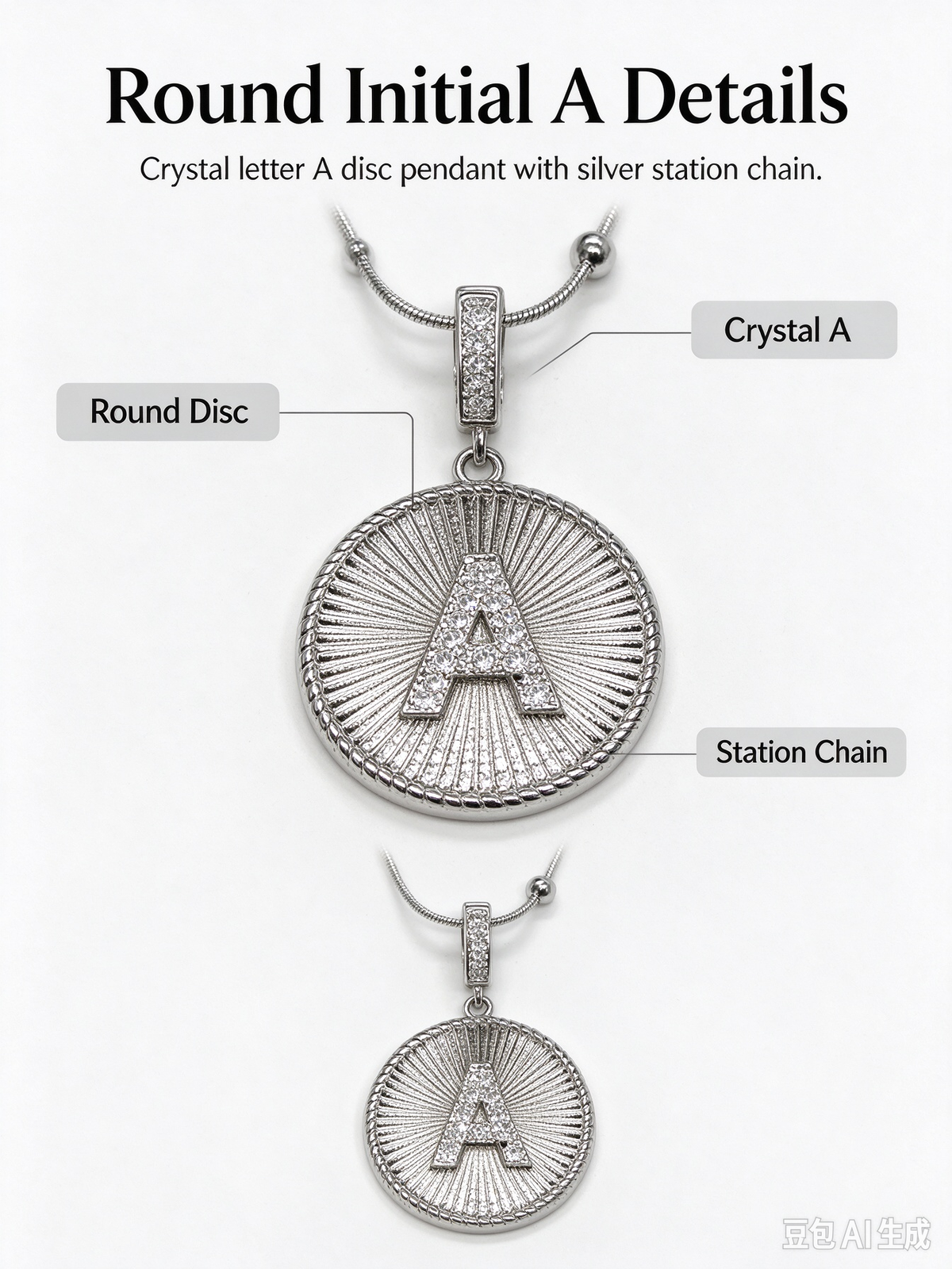 Silver Radiant Medallion CZ Necklace, Sunburst Round Coin Pendant with CZ Inlay, Beaded Silver Snake Chain