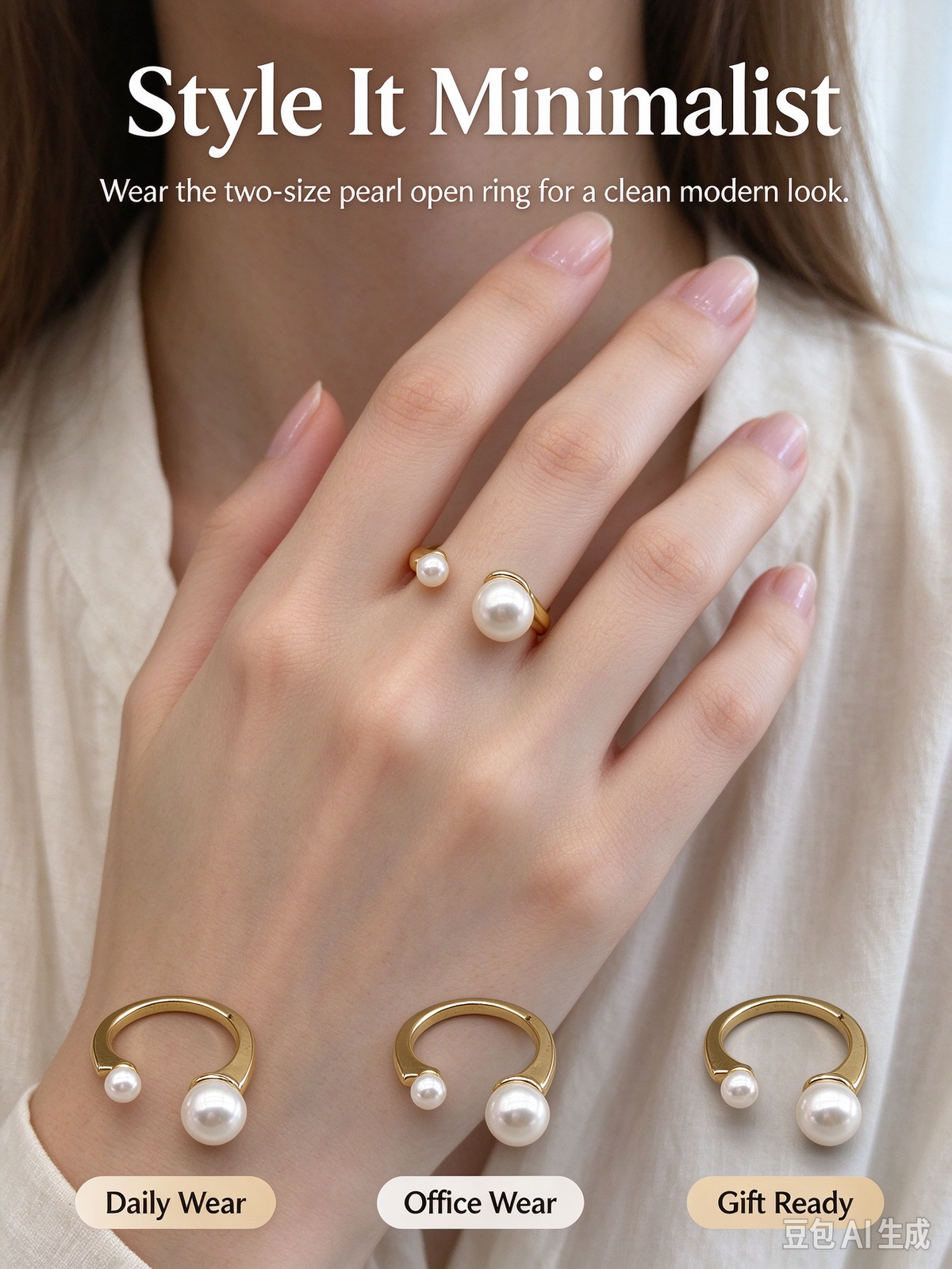 Gold Open Cuff Ring, Two Different Sized White Imitation Pearls Minimalist Adjustable Ring for Women