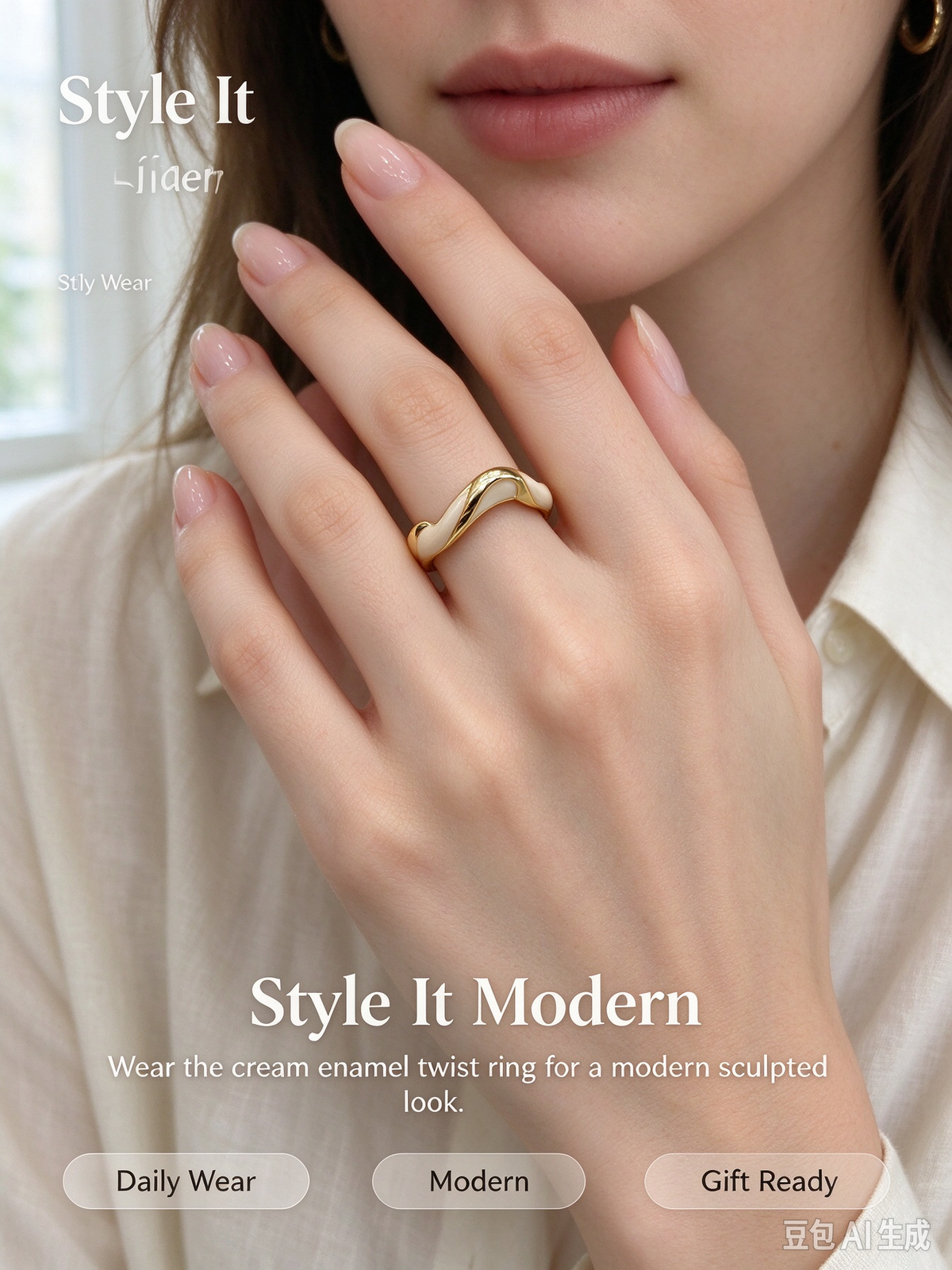 Twisted Wavy Cream Enamel Open Ring, Minimalist Adjustable Stackable Ring for Women