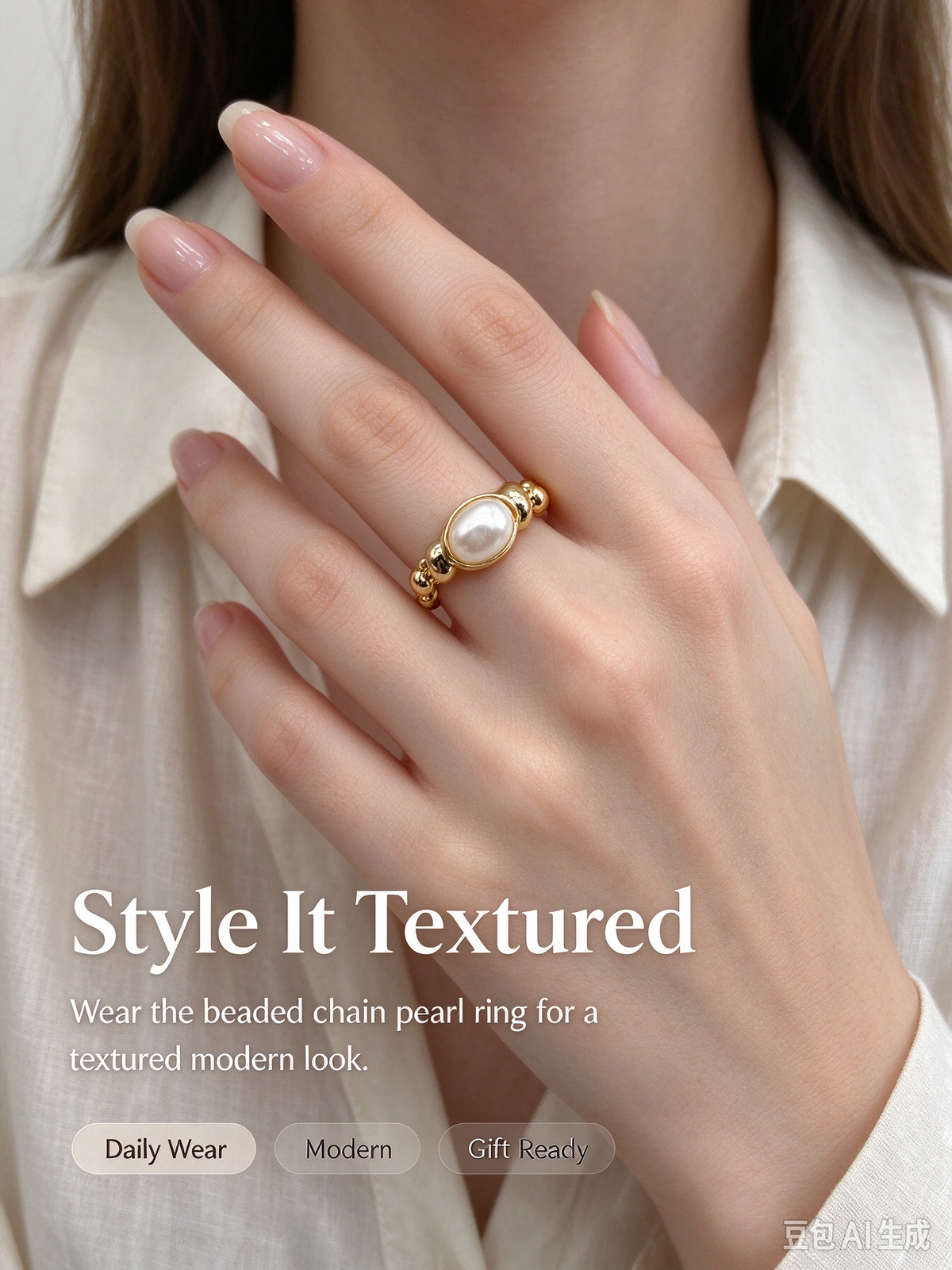 Braided Rope Band Oval Pearl Open Ring