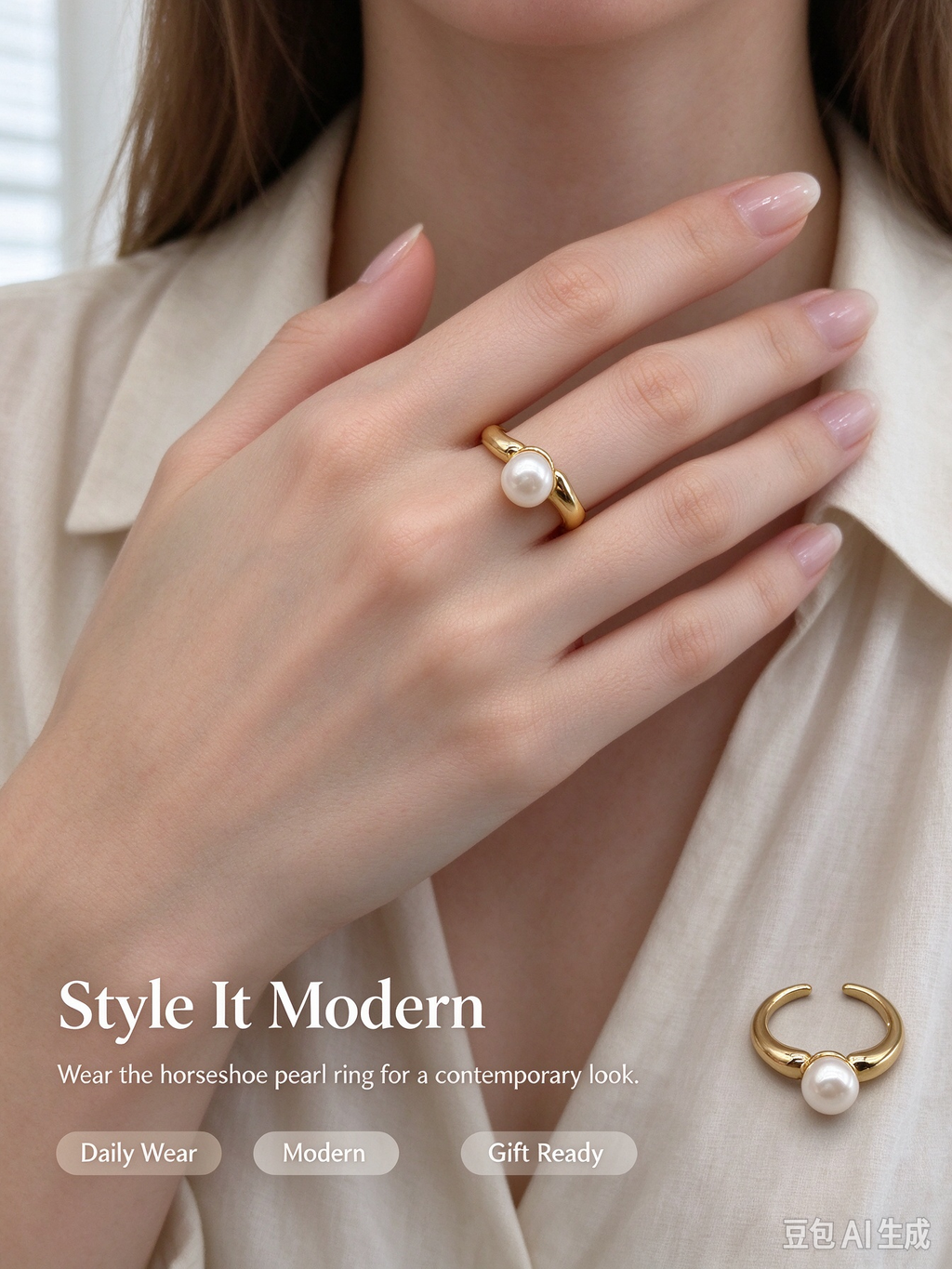 Chunky Curve Single Pearl Gold Cuff Ring