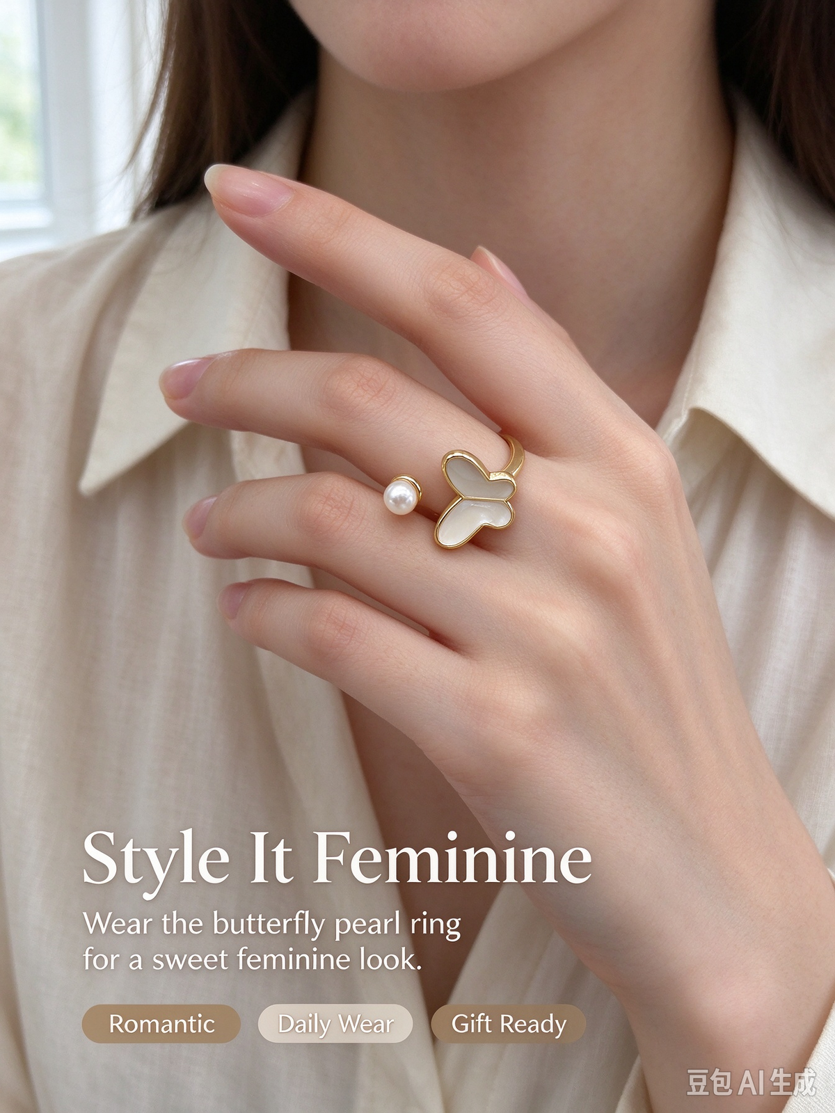 Gold Open Cuff Ring, Single Cream Enamel Butterfly & Faux Pearl Adjustable Stackable Ring