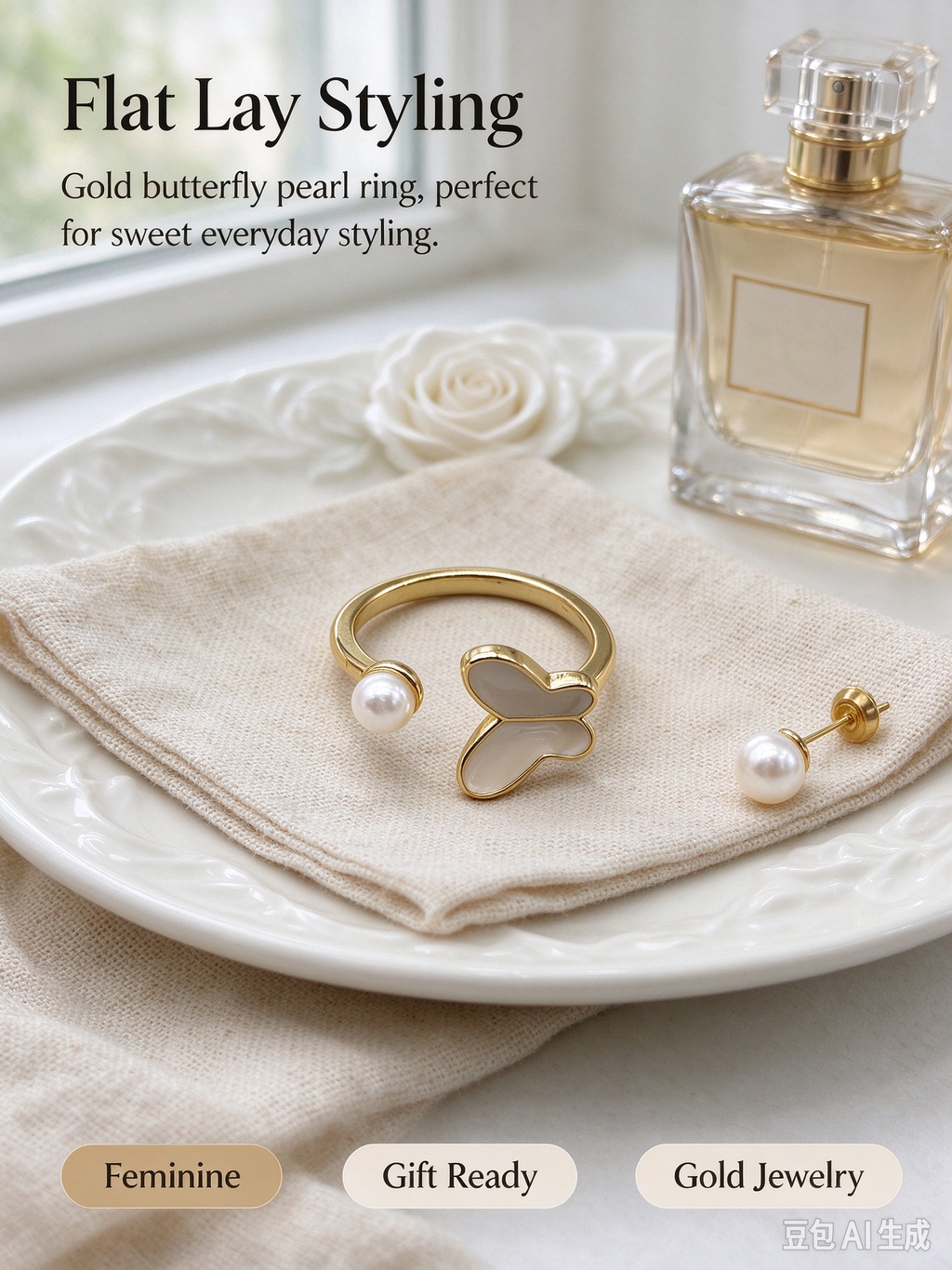 Gold Open Cuff Ring, Single Cream Enamel Butterfly & Faux Pearl Adjustable Stackable Ring