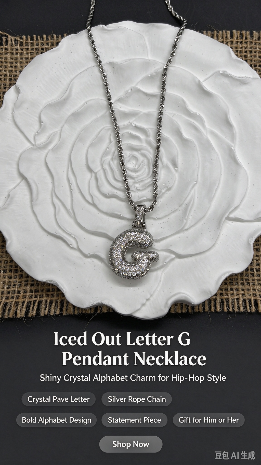 Iced Out Bubble Letter G Necklace, Silver Rhinestone Initial G Pendant with Rope Chain, Unisex Hip Hop Jewelry