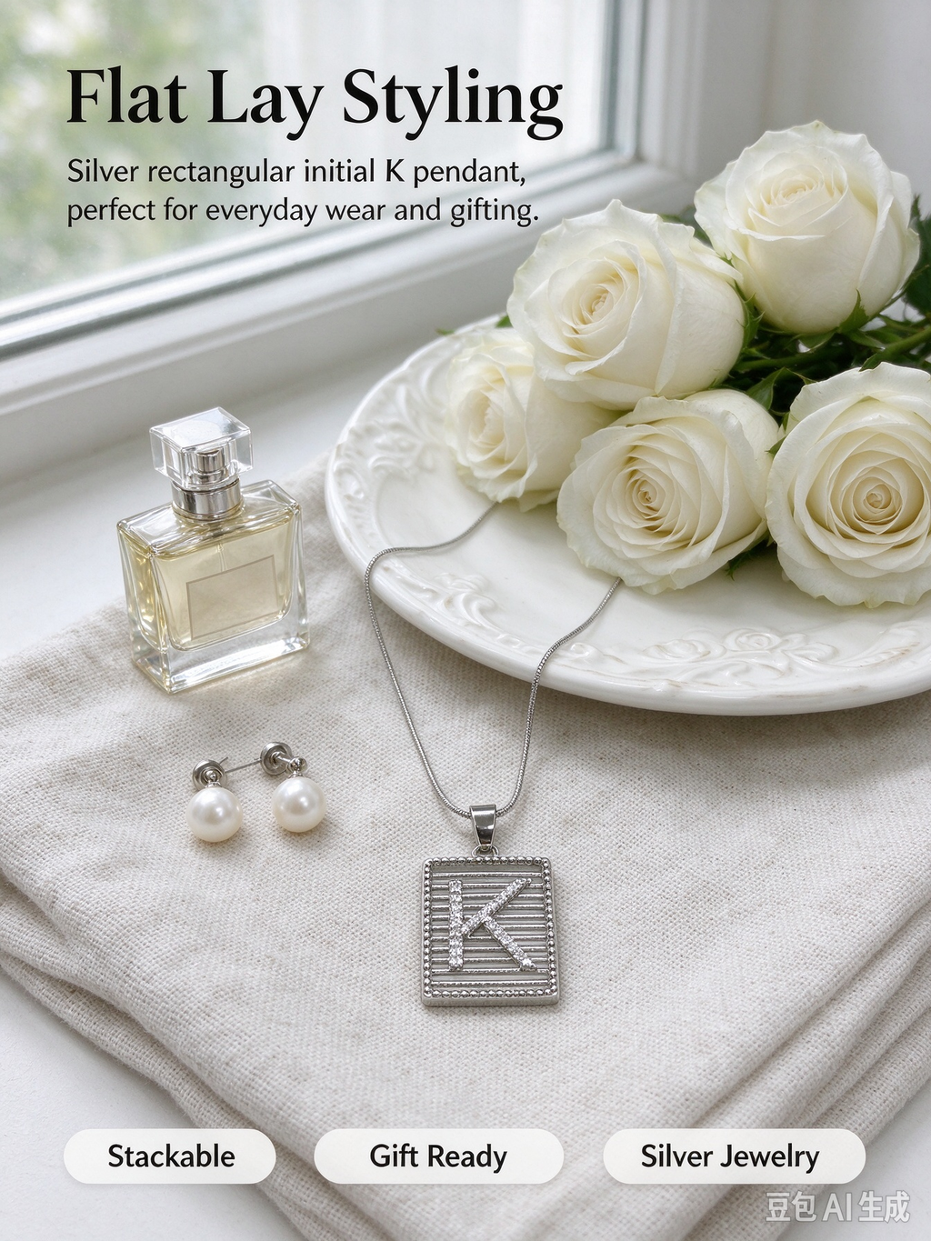 Square Striped K Initial Necklace, Silver Rhinestone Letter Pendant Snake Chain Necklace