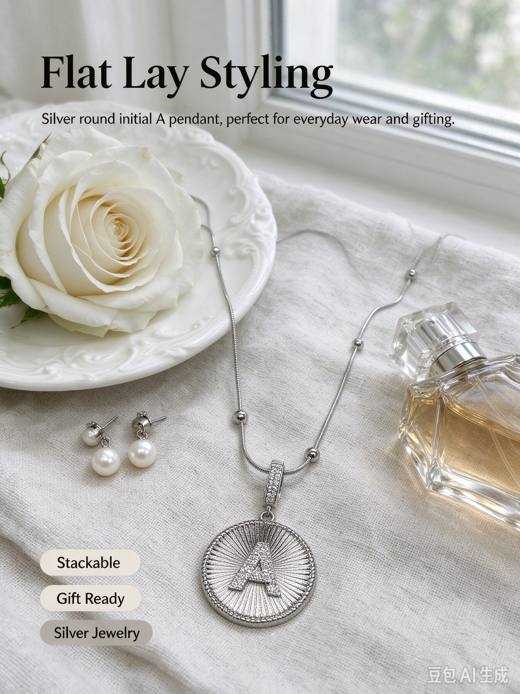 Silver Radiant Medallion CZ Necklace, Sunburst Round Coin Pendant with CZ Inlay, Beaded Silver Snake Chain