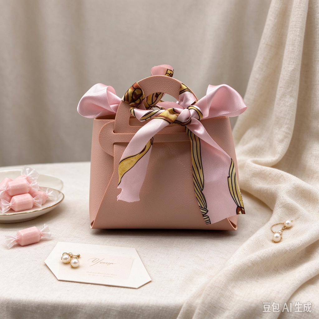 Nude Pink Mini Faux Leather Tote Pouch, Small Gift Bag with Printed Silk Scarf Bow for Wedding Favors, Bridal Shower, Party Candy &amp; Guest Gifts