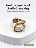 Gold Open Cuff Ring, Baroque Imitation Pearl with Oval CZ Crystal Asymmetrical Statement Ring for Women