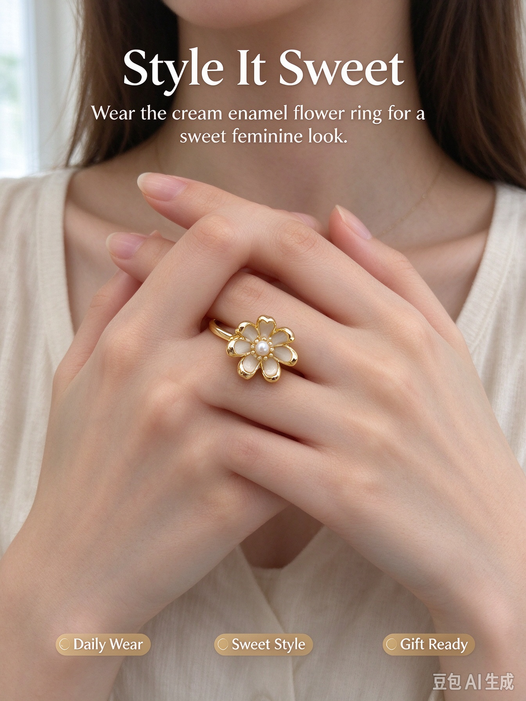Mini Cream Enamel Flower Open Ring, Dainty Adjustable Floral Stackable Ring for Women