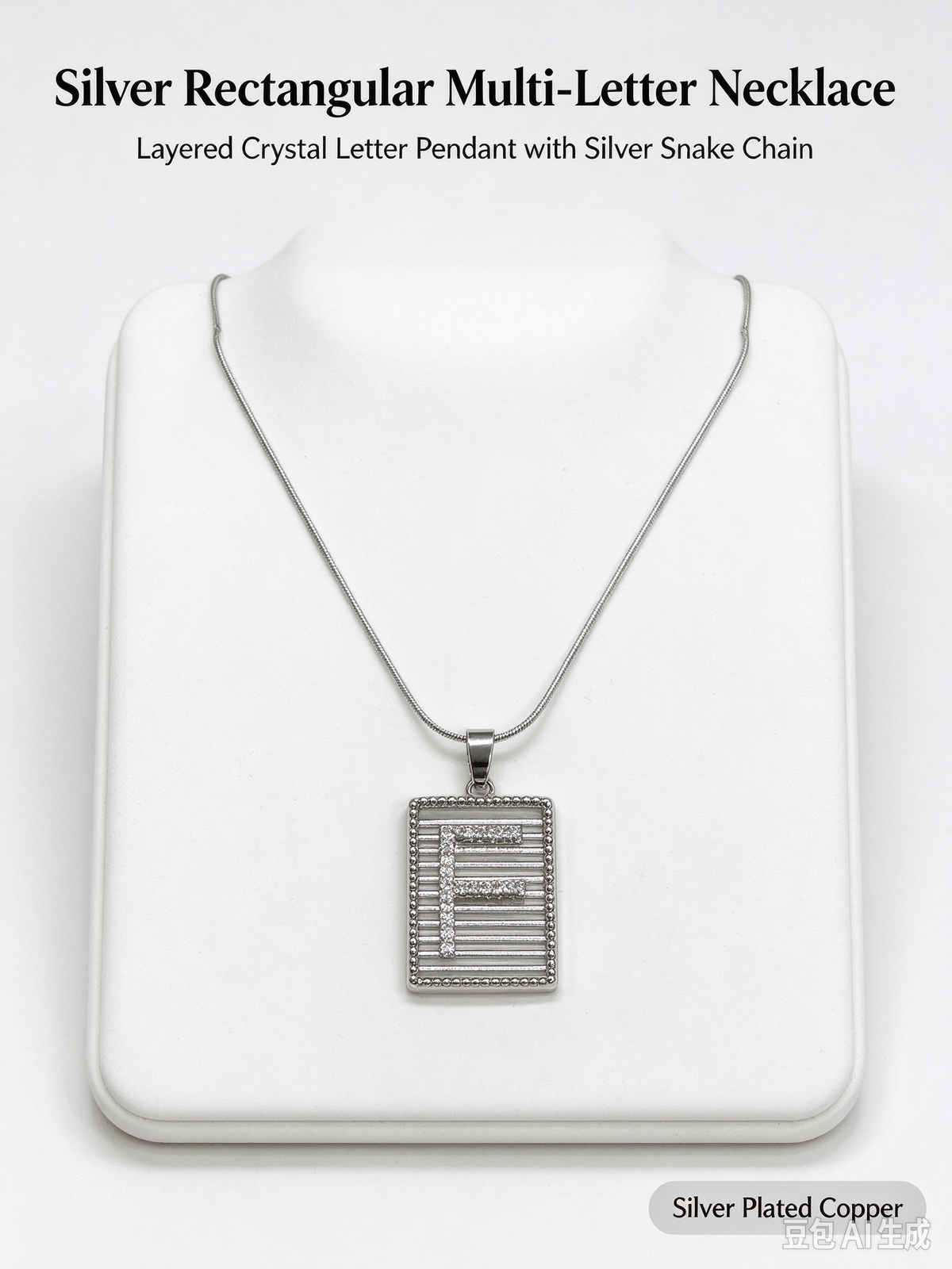 Square Striped F Initial Necklace, Silver Rhinestone Letter Pendant Snake Chain Necklace