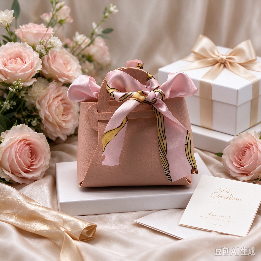 Nude Pink Mini Faux Leather Tote Pouch, Small Gift Bag with Printed Silk Scarf Bow for Wedding Favors, Bridal Shower, Party Candy &amp; Guest Gifts