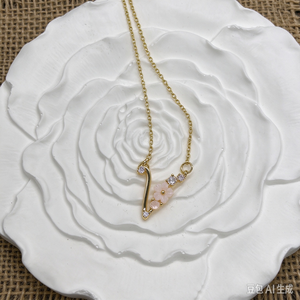 Dainty Gold Floral Letter V Initial Necklace, Pink Flower & Multicolor Crystal Pendant, Romantic Women Letter Jewelry Gift