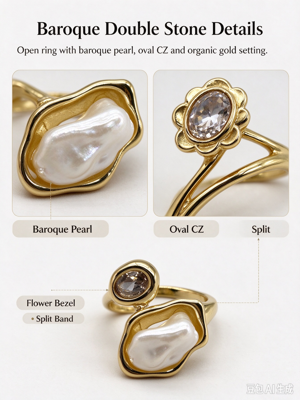 Gold Open Cuff Ring, Baroque Imitation Pearl with Oval CZ Crystal Asymmetrical Statement Ring for Women