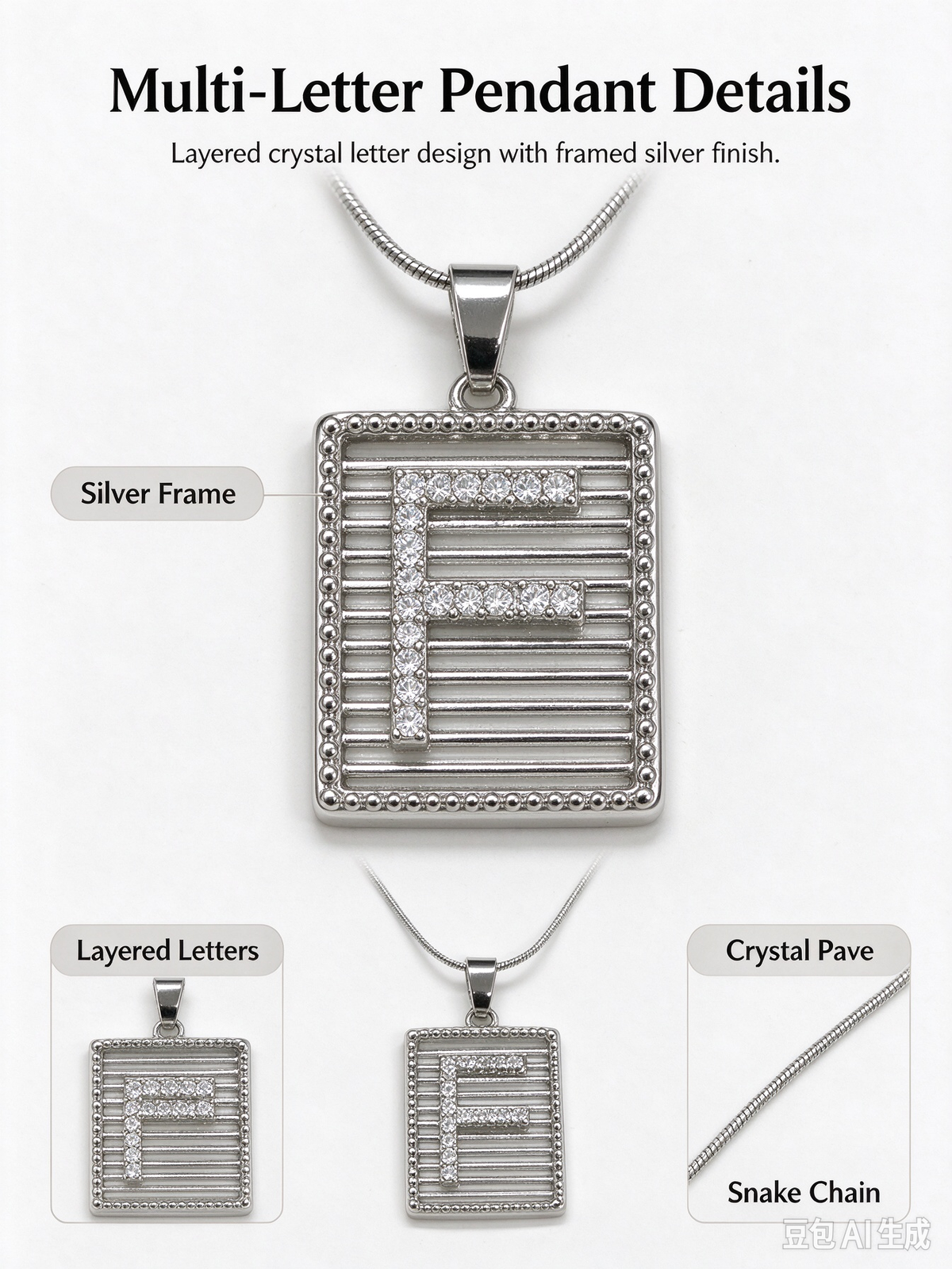 Square Striped F Initial Necklace, Silver Rhinestone Letter Pendant Snake Chain Necklace